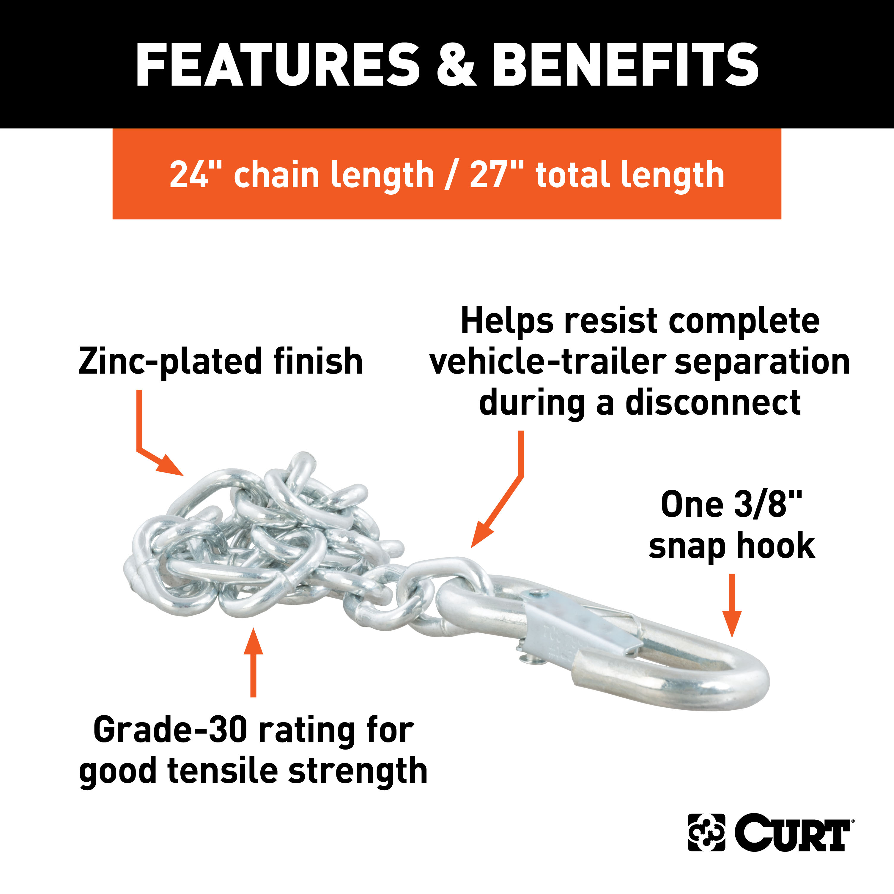 CURT 80312 27-Inch Trailer Safety Chain with 3/8-In Snap Hook, 2,000 lbs Break Strength thumbnail 3