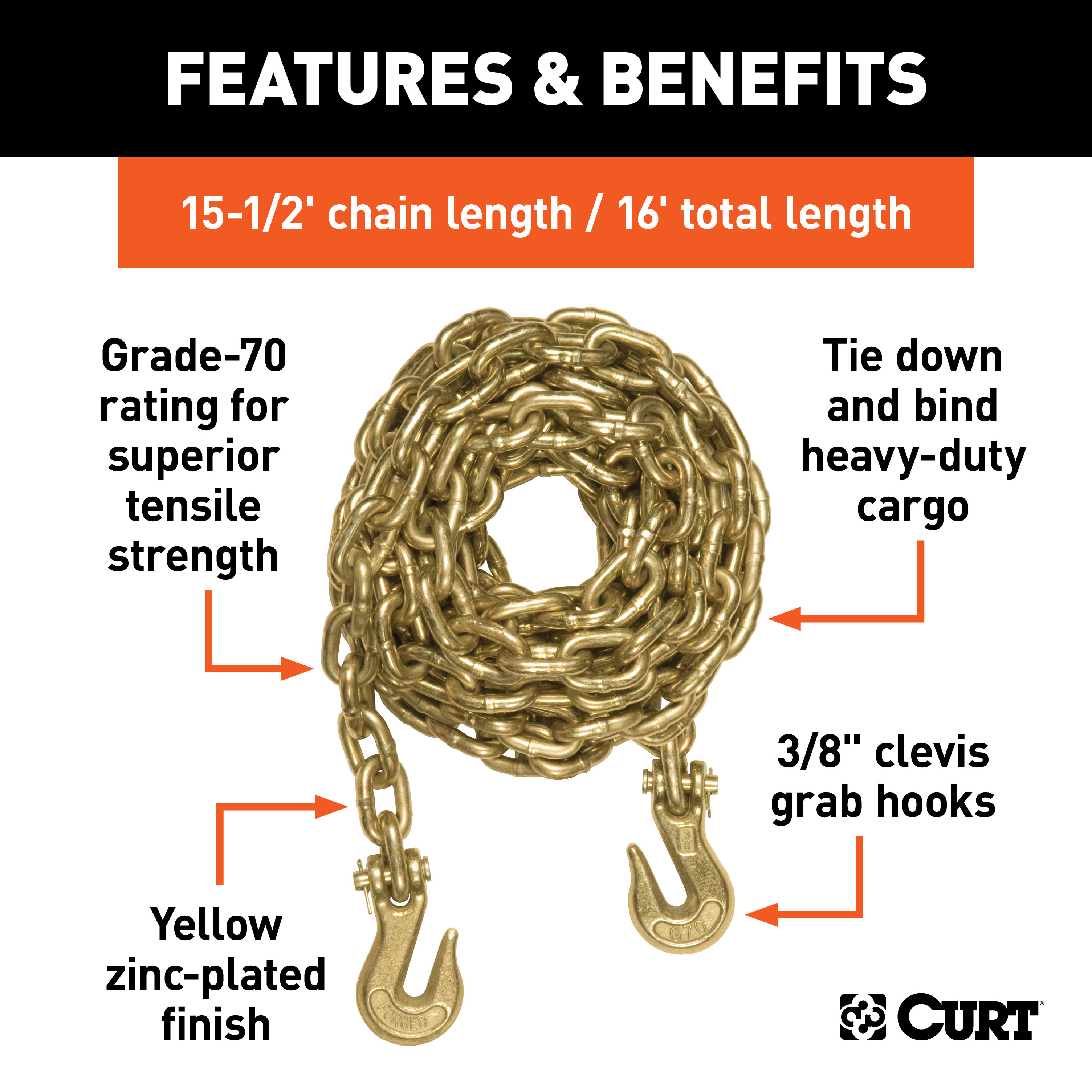 CURT 80310 16-Foot Transport Binder Chain, 3/8-Inch Clevis Hooks, 26,400 lbs Break Strength, Load Tie-Down, Trailer, Flatbed thumbnail 1