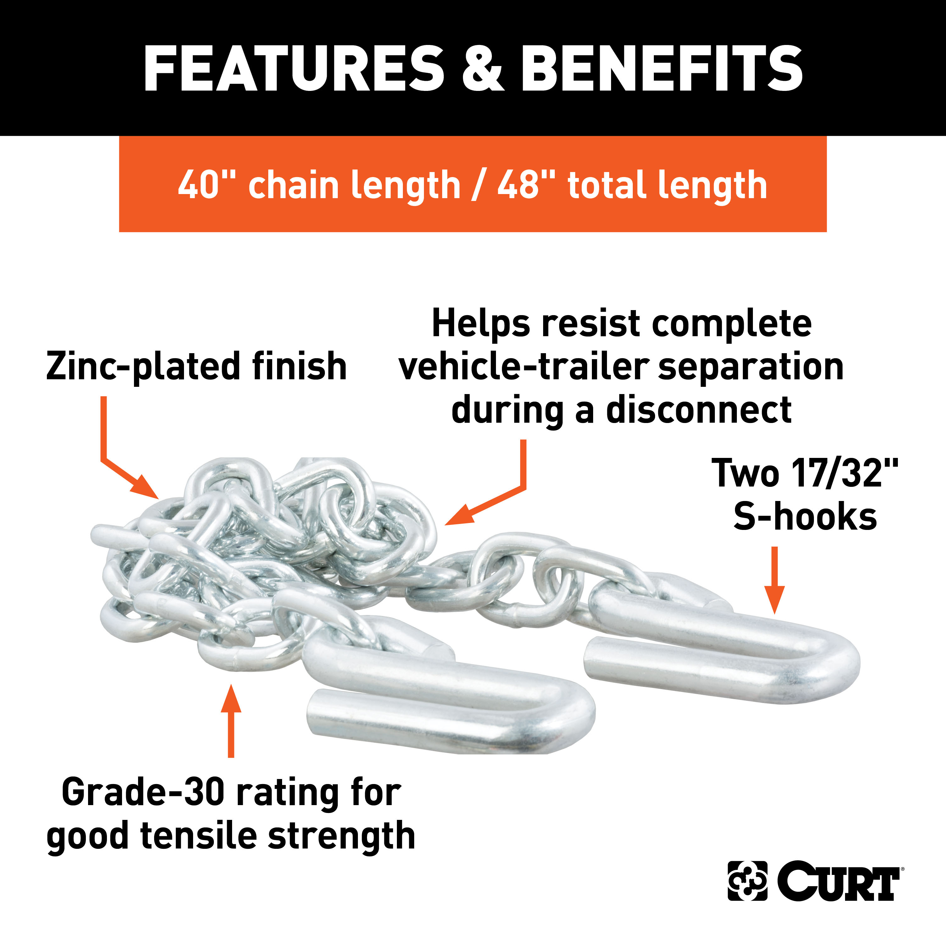 CURT 80301 48-Inch Trailer Safety Chain with 17/32-In S-Hooks, 7,000 lbs Break Strength thumbnail 3