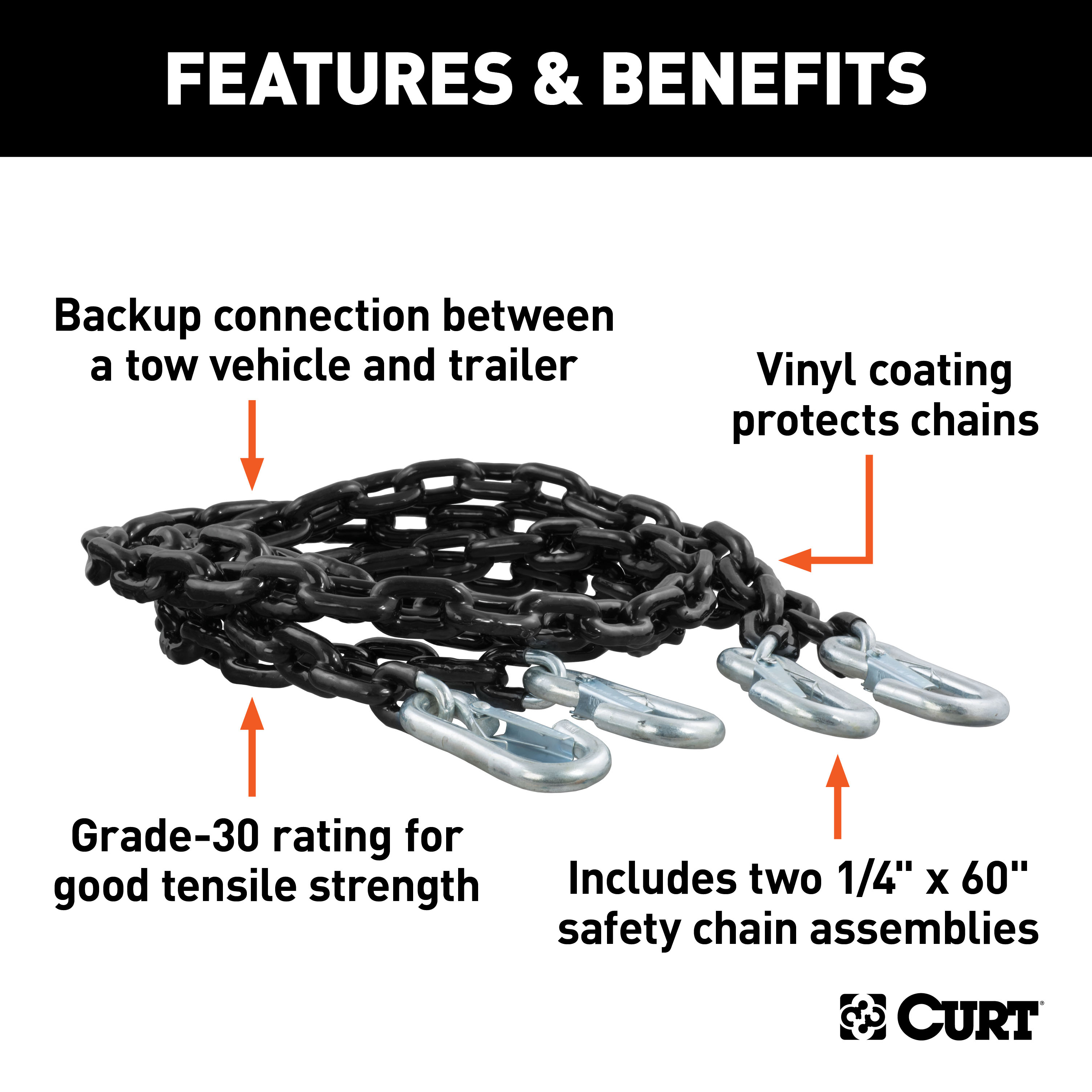 CURT 19749 60-Inch Vinyl-Coated Trailer Safety Chains with 7/16-In Snap Hooks, 5,000 lbs Break Strength, 2-Pack thumbnail 1