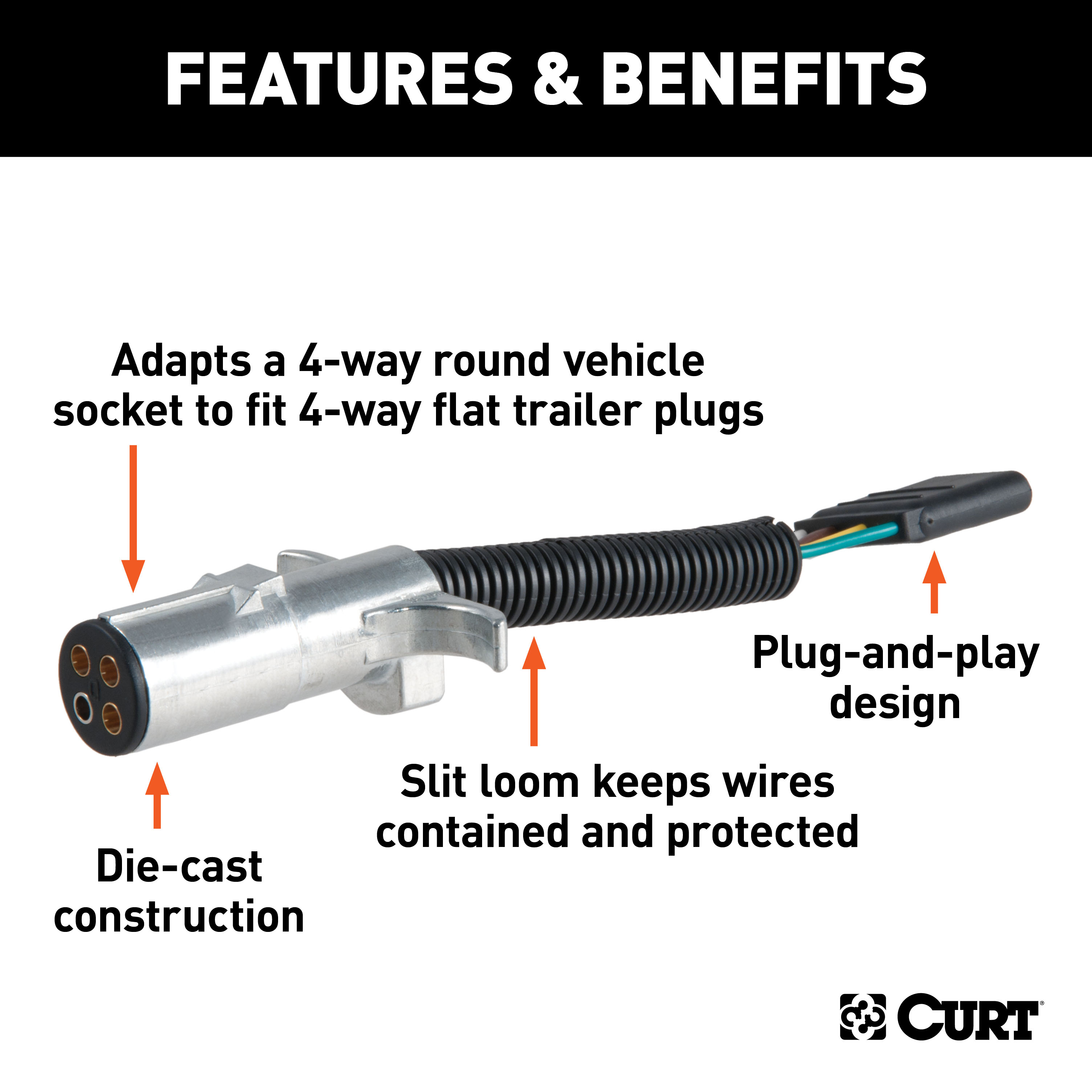 CURT 57444 4-Pin Round Vehicle-Side to 4-Way Trailer Wiring Adapter thumbnail 1
