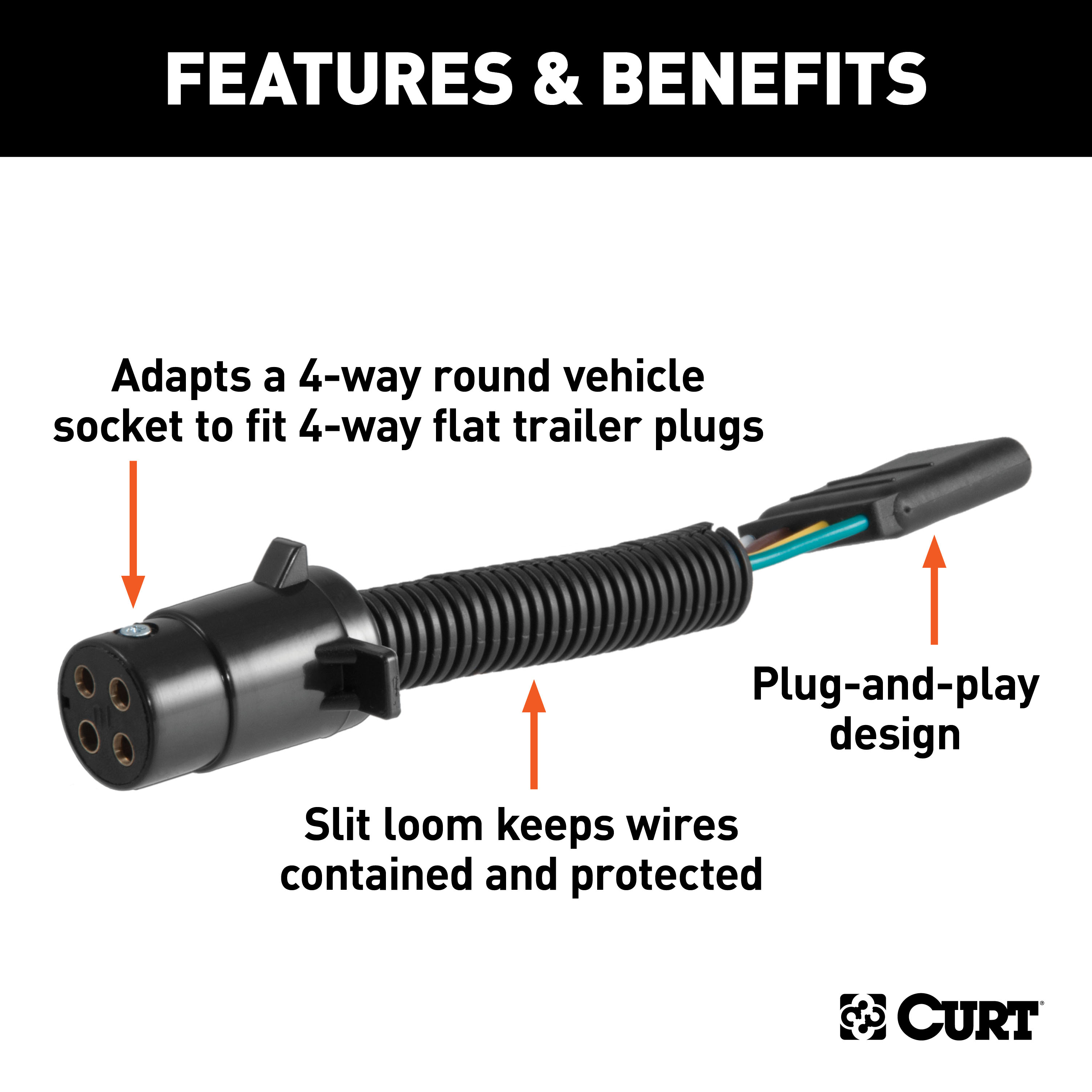 CURT 57225 4-Pin Round Vehicle-Side to 4-Way Trailer Wiring Adapter thumbnail 1