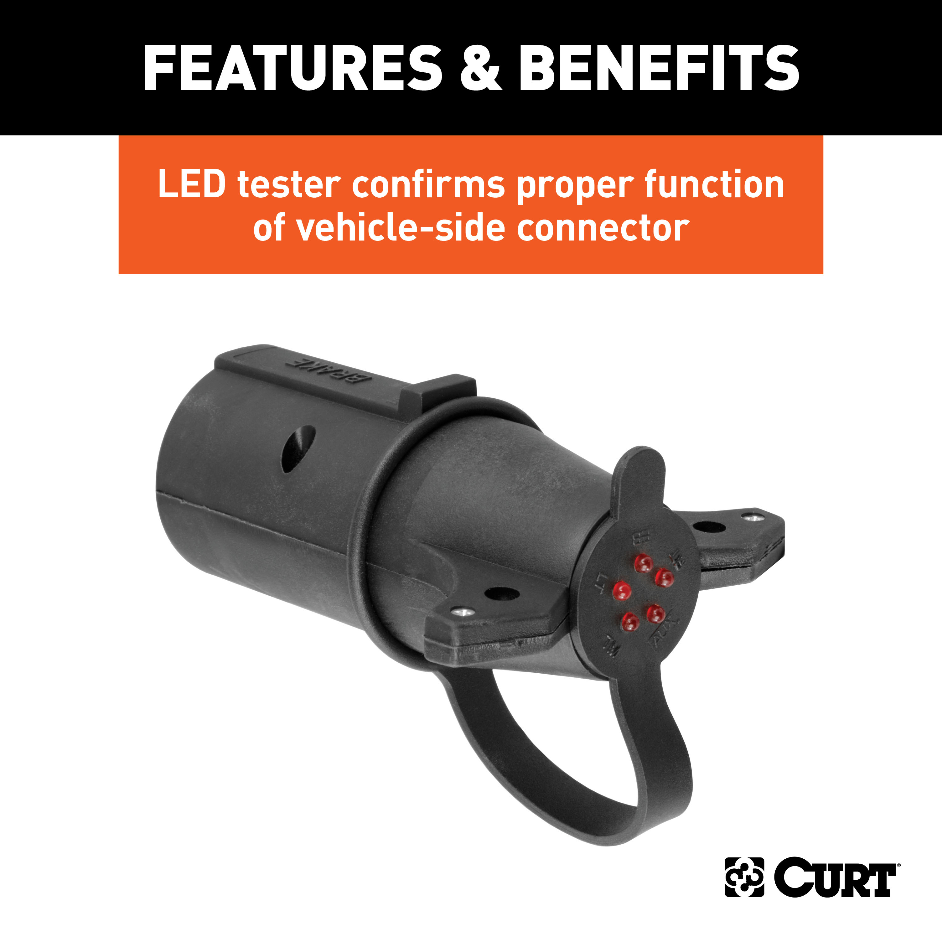 CURT 57265 7-Way RV Blade Vehicle-Side to 6-Way Round Trailer Wiring Adapter with Tester, Center Pin Brake Lights thumbnail 3