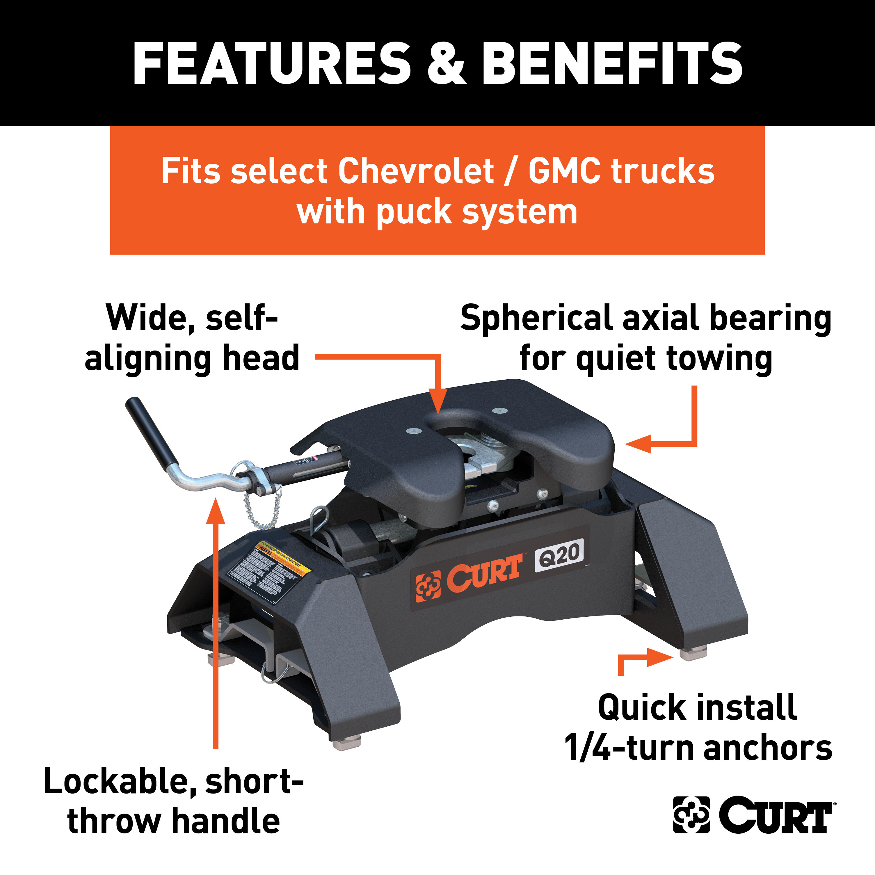 CURT 16094 20K, Q20 5th Wheel Hitch, 20,000 lbs, Select Chevrolet Silverado, GMC Sierra 2500, 3500 HD, 8-Foot Bed Puck System thumbnail 1