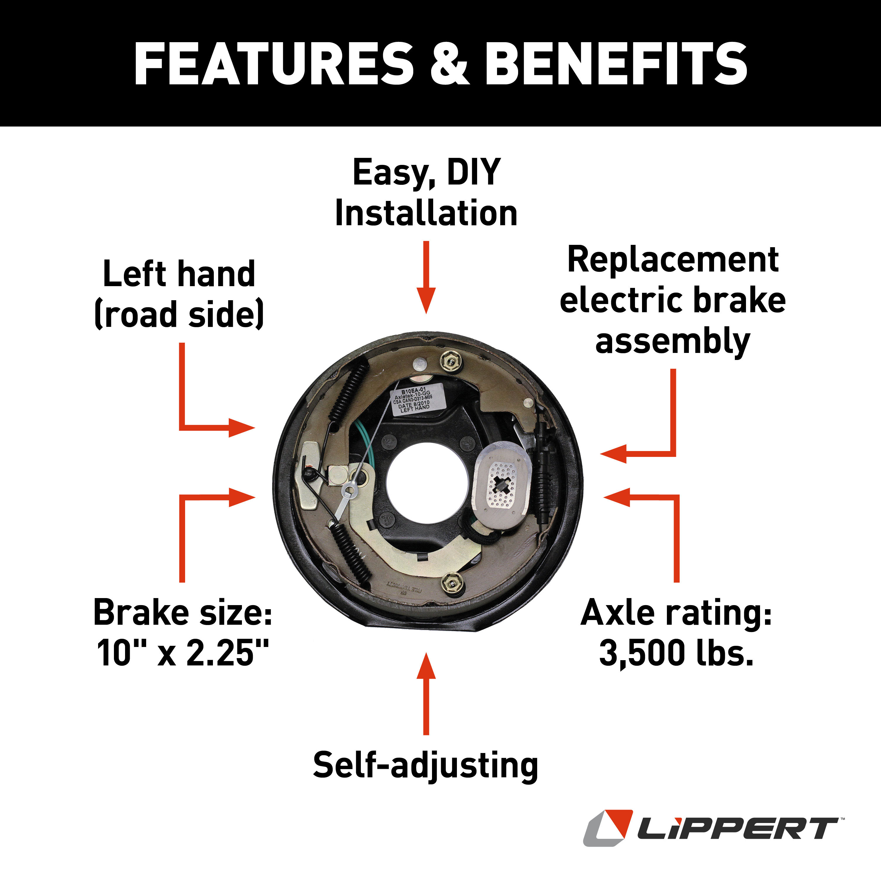 Lippert Forward Self-Adjusting RV Brakes - 10" x 2.25", 4-Bolt, 3,500 lbs. (Left Side) 1222583 thumbnail 2