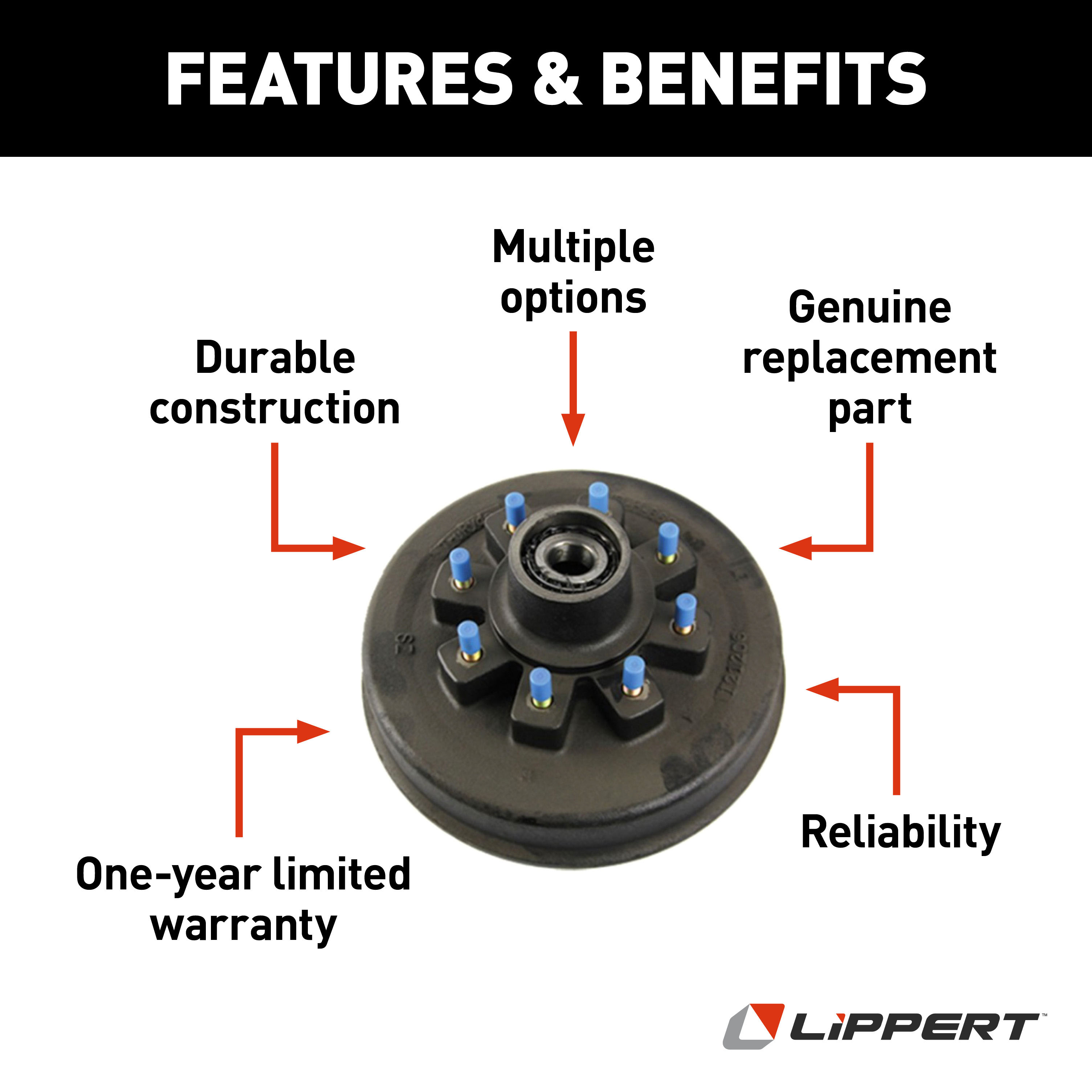 Lippert Brake Drum Hub Assembly for 8,000-lb. Axle -8 on 6.5", 5/8" Stud 2772121 thumbnail 1
