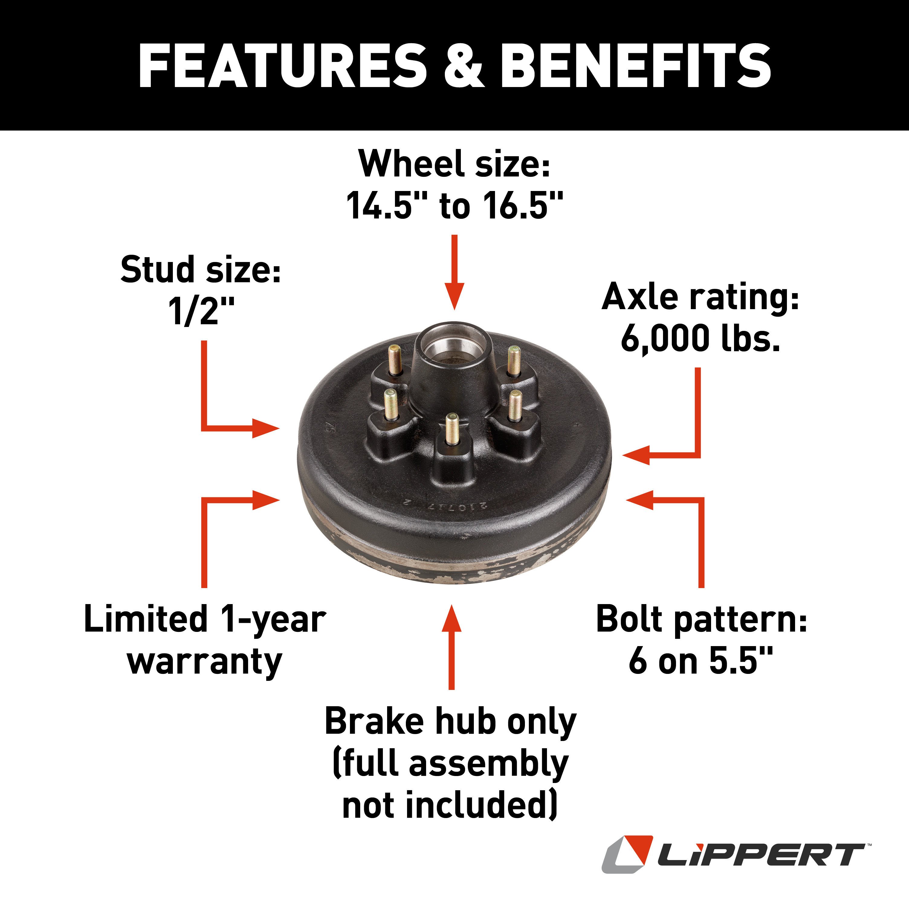 Lippert 12" Brake Drum Hub for 6,000-lb. Axle - 6 on 5.5", 1/2" Stud 122094 thumbnail 1