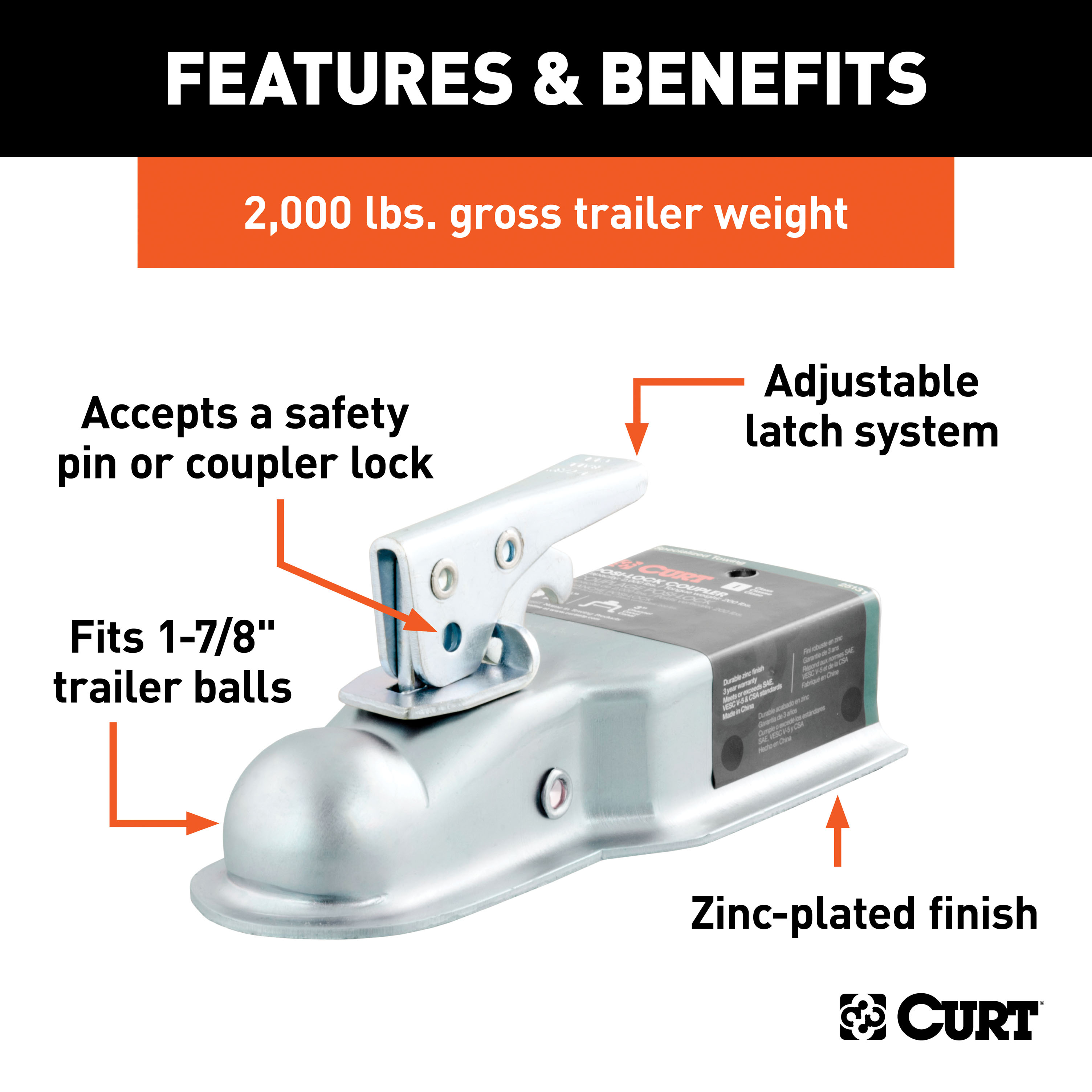 CURT 2,000 lbs Straight Tongue Trailer Coupler (3-Inch Channel), 1-7/8-In Hitch Ball thumbnail 1