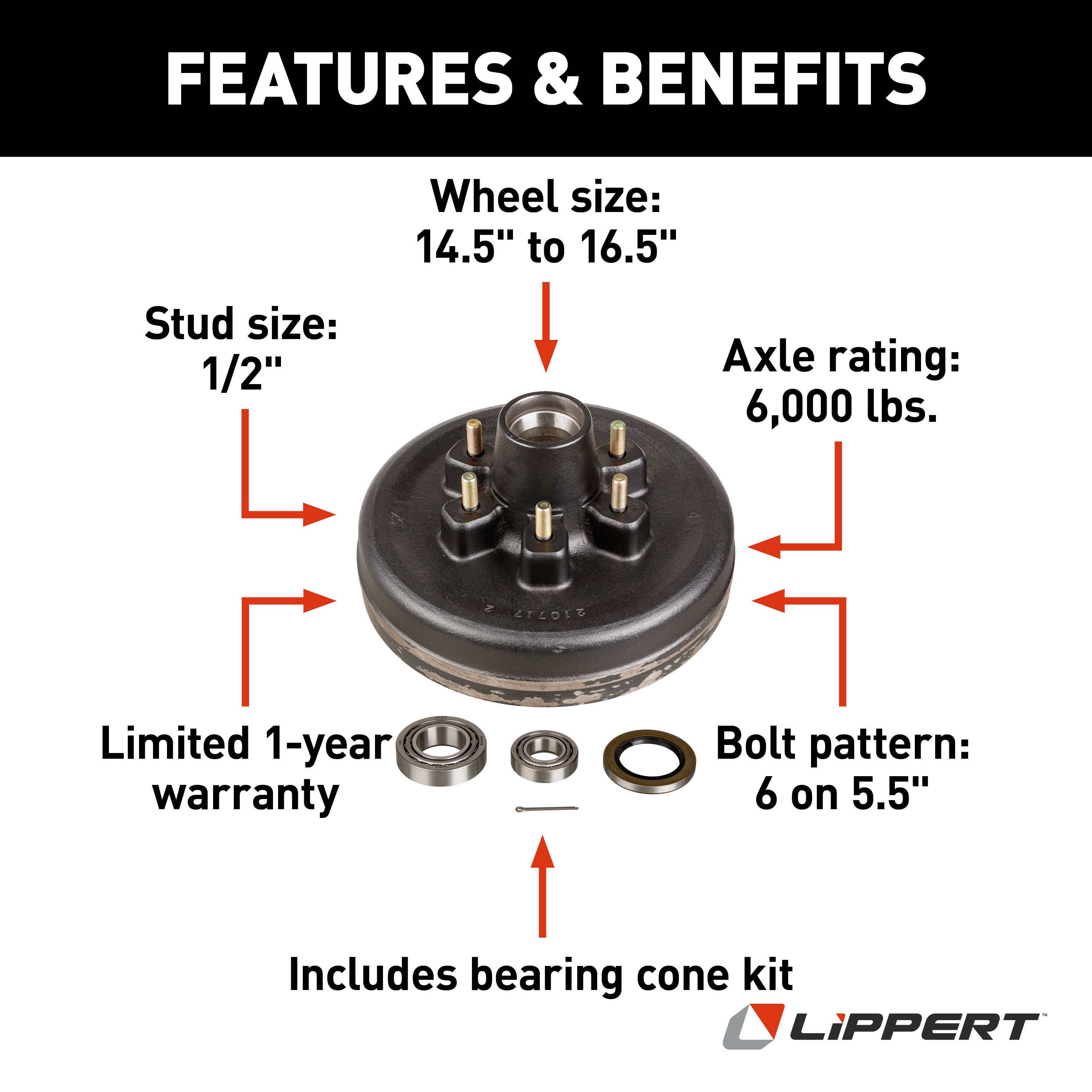 Lippert 12" Brake Drum Hub for 6,000-lb. Axle - 6 on 5.5", 1/2" Stud (with Bearing Cone) 814211 thumbnail 1