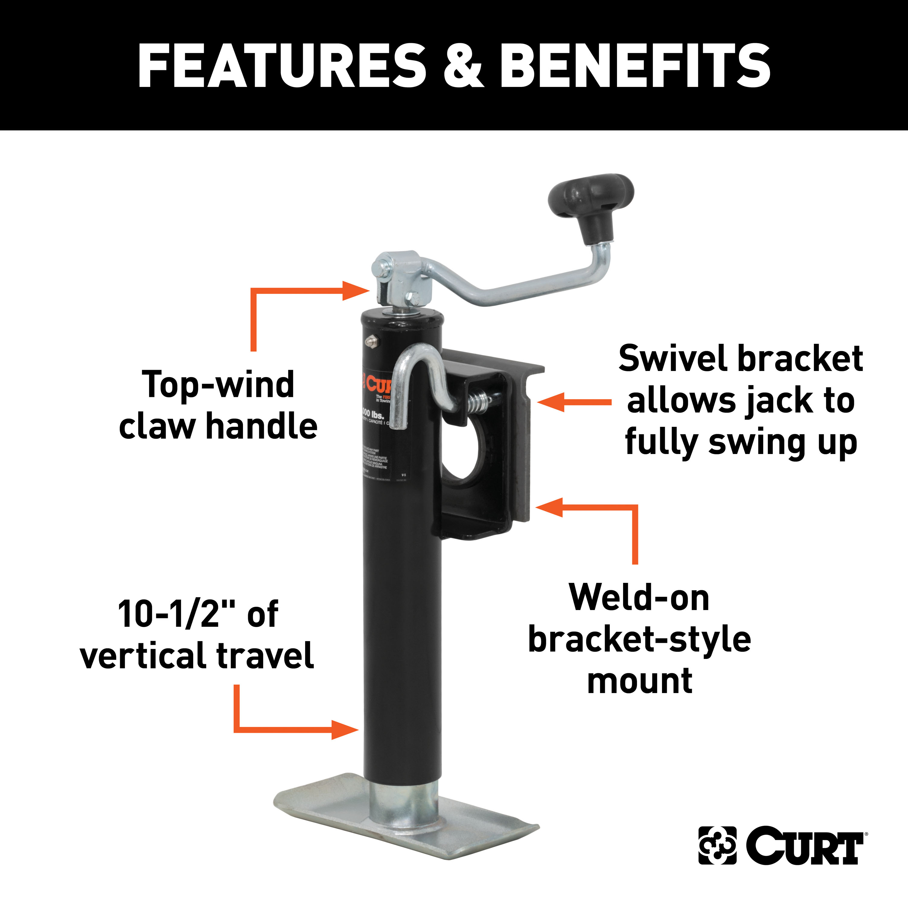 CURT 28301 Weld-On Bracket-Style Swivel Trailer Jack, 2,000 lbs. 10-1/2 Inches Vertical Travel thumbnail 1