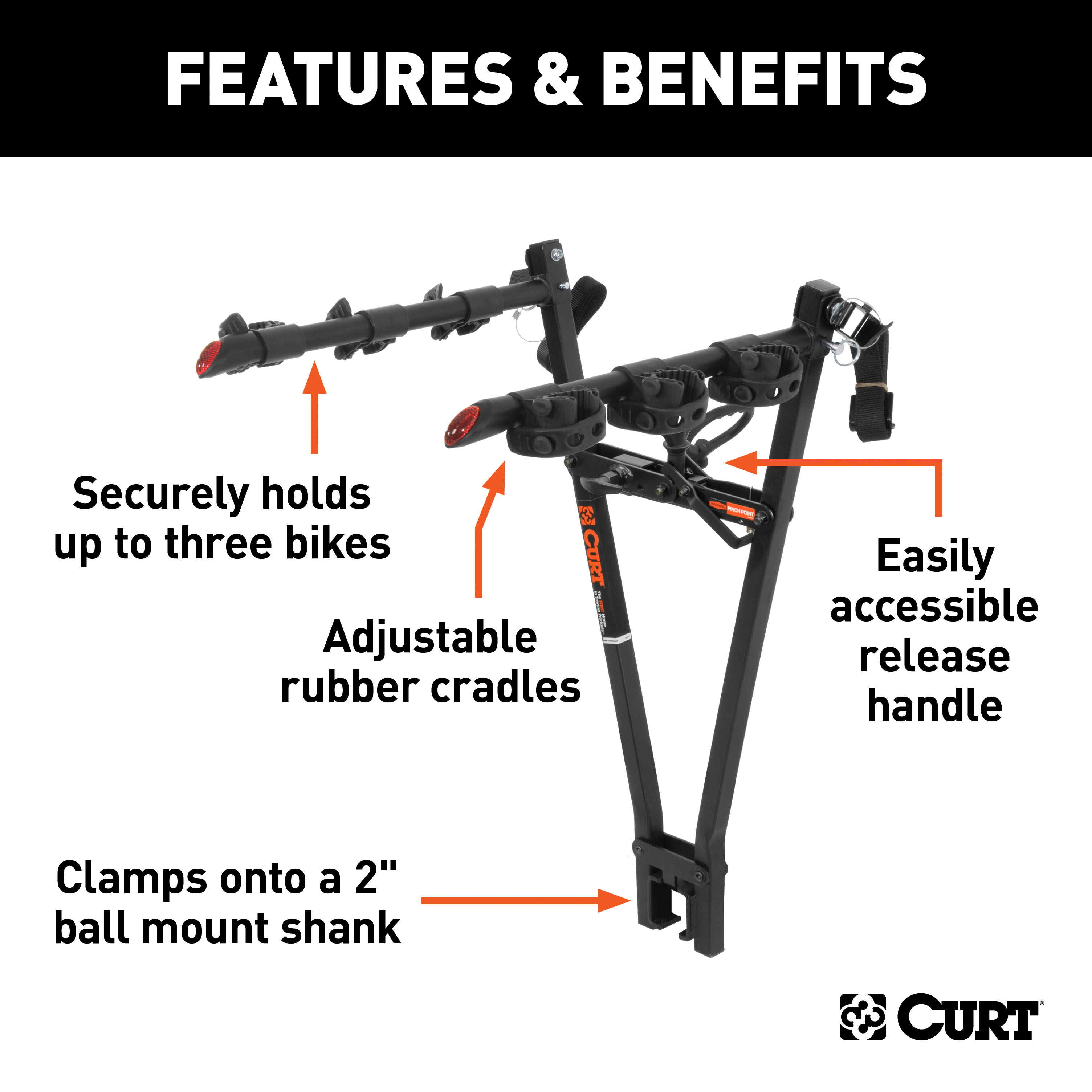 CURT 18013 Clamp-On Trailer Hitch Bike Rack Mount, Fits 2-Inch Shank, 3 Bicycles thumbnail 1