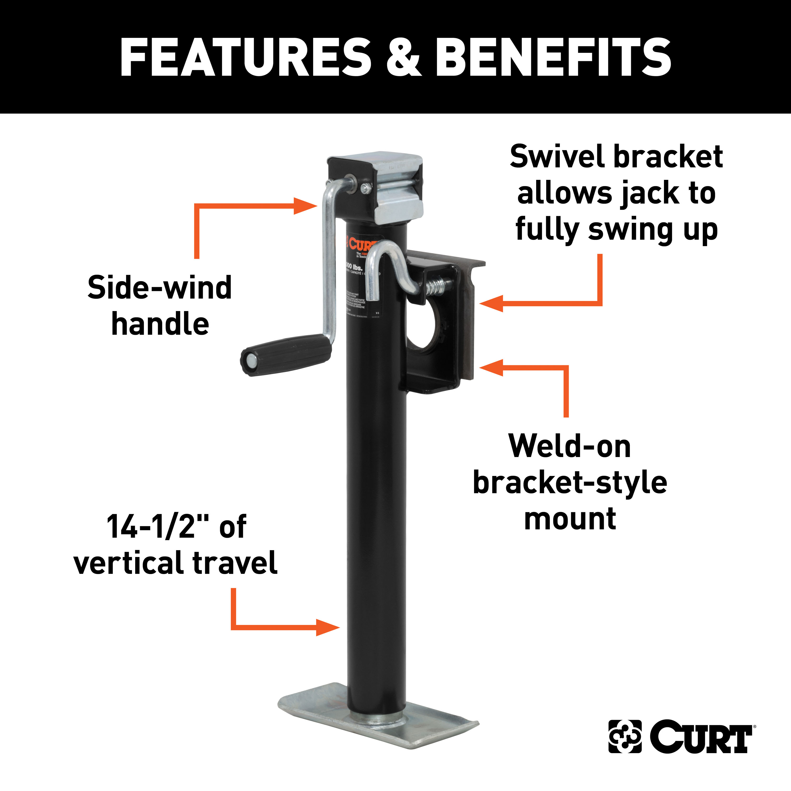 CURT 28306 Weld-On Bracket-Style Swivel Trailer Jack, 3,000 lbs. Support Capacity, 14-1/2 Inches Vertical Travel thumbnail 1