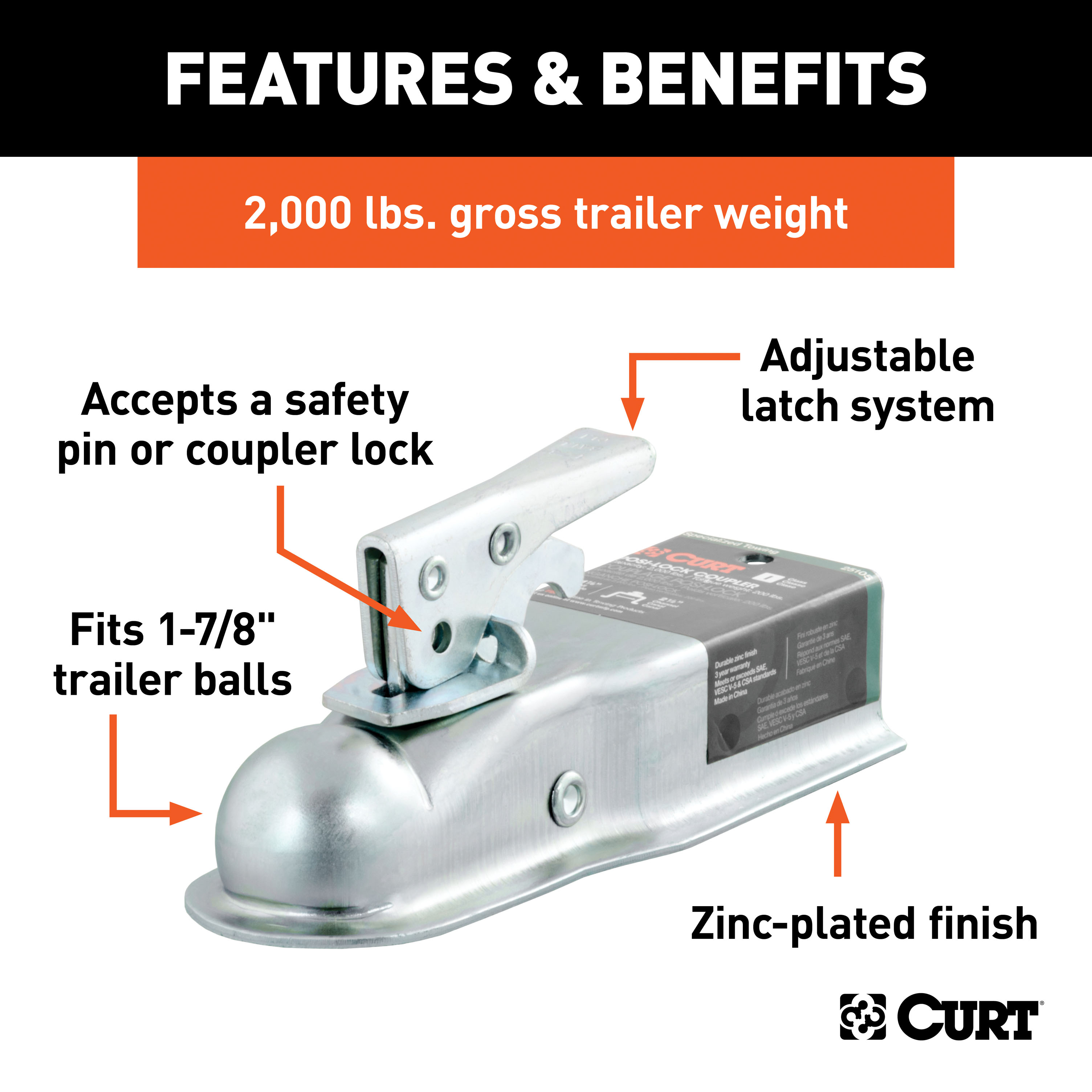 CURT 2,000 lbs Straight Tongue Trailer Coupler (2-1/2-Inch Channel) 1-7/8-In Hitch Ball thumbnail 1