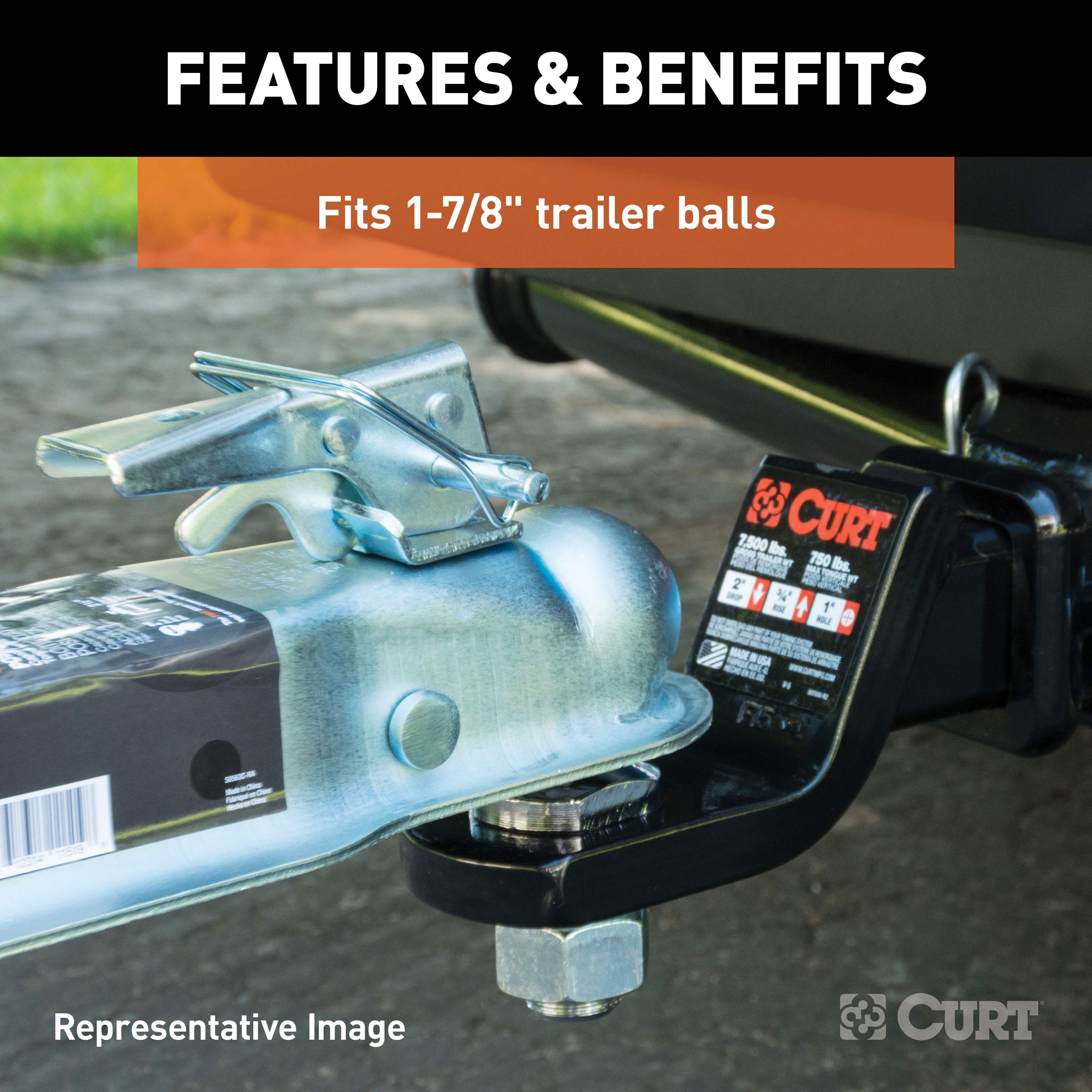 CURT 2,000 lbs Straight Tongue Trailer Coupler (2-1/2-Inch Channel) 1-7/8-In Hitch Ball thumbnail 2