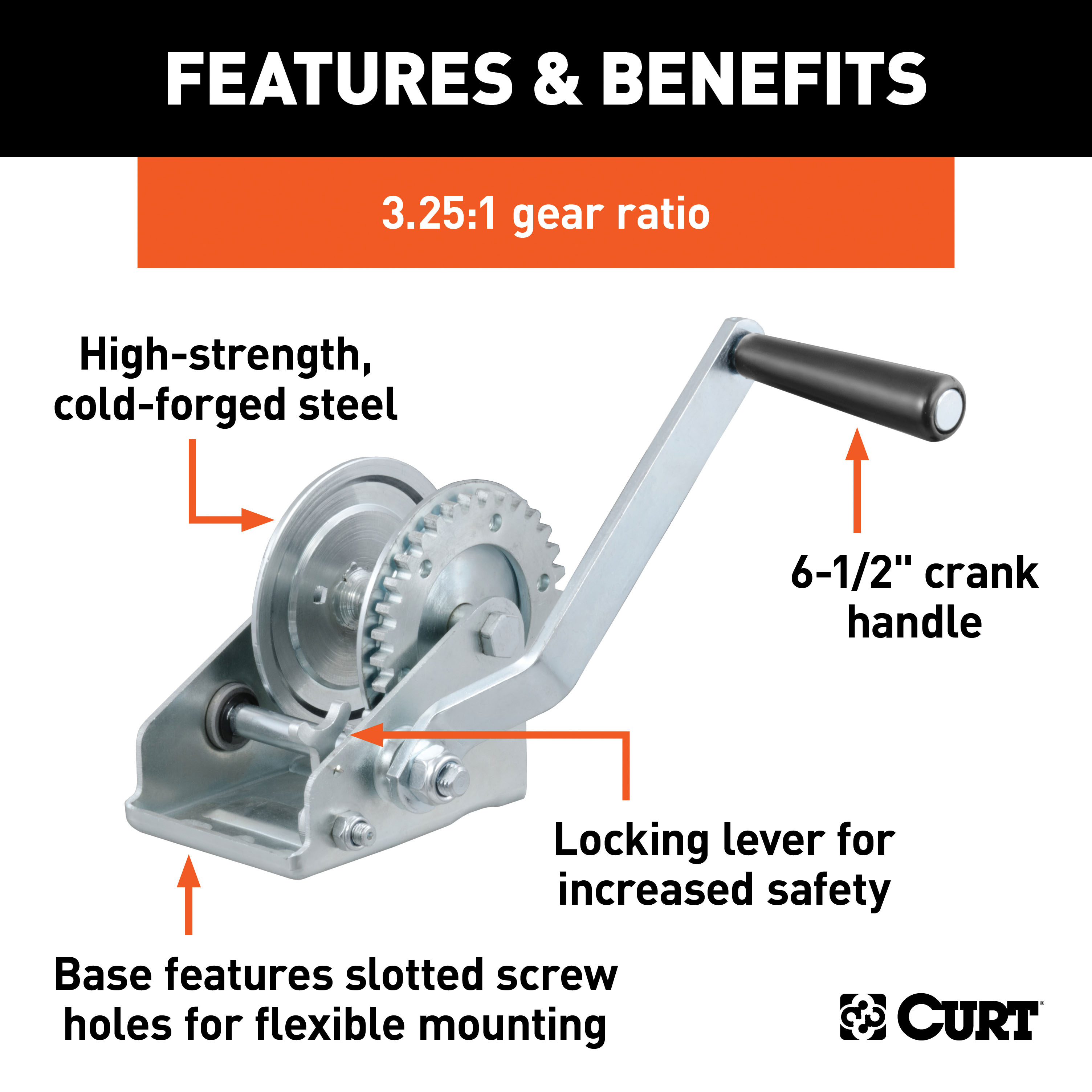 CURT 29423 Manual Hand Crank Boat Trailer Winch, 900 lbs Capacity, 6-1/2-Inch Handle, 3.25:1 Gear Ratio thumbnail 1