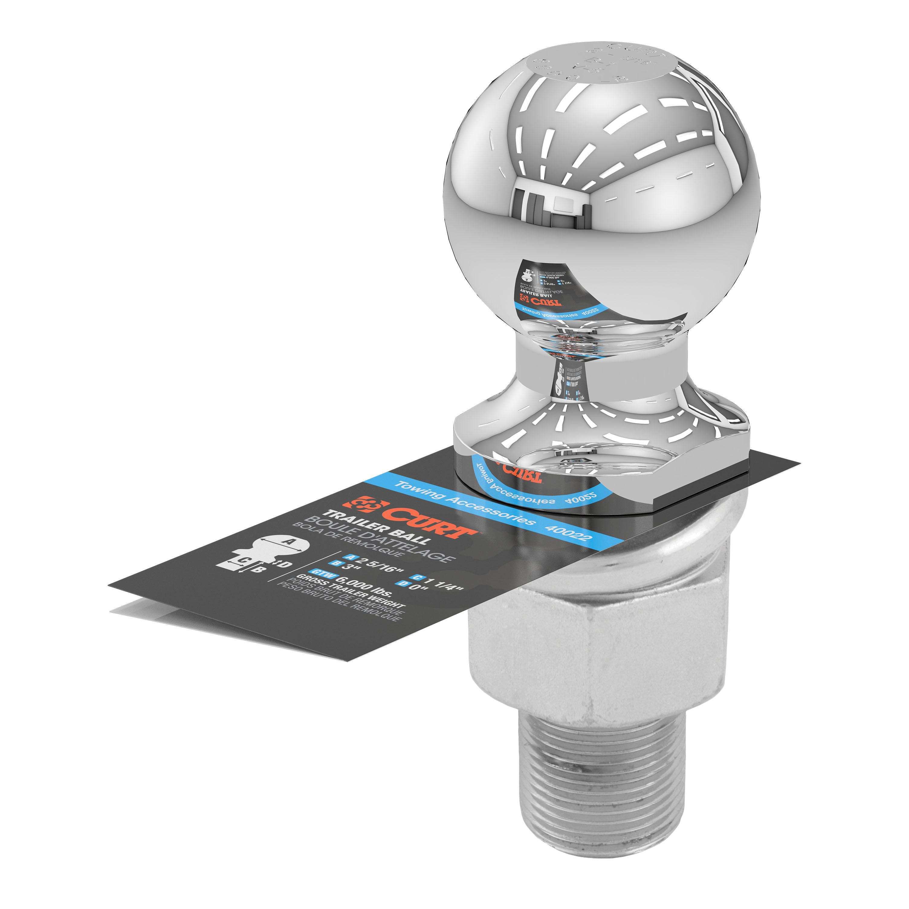 CURT 40022 Chrome Trailer Hitch Ball, 6,000 lbs, 2-5/16-Inch Diameter, 1-1/4 x 3-Inch Shank thumbnail 2