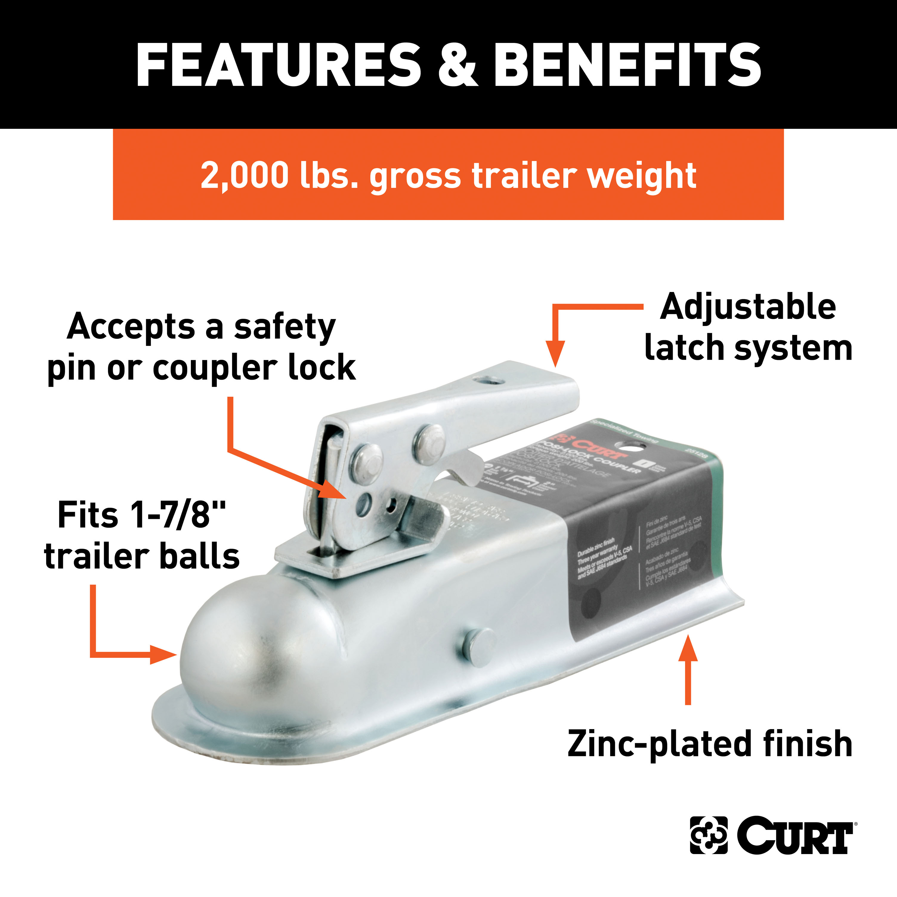 CURT 2,000 lbs Straight Tongue Trailer Coupler (2-Inch Channel), 1-7/8-In Hitch Ball thumbnail 1