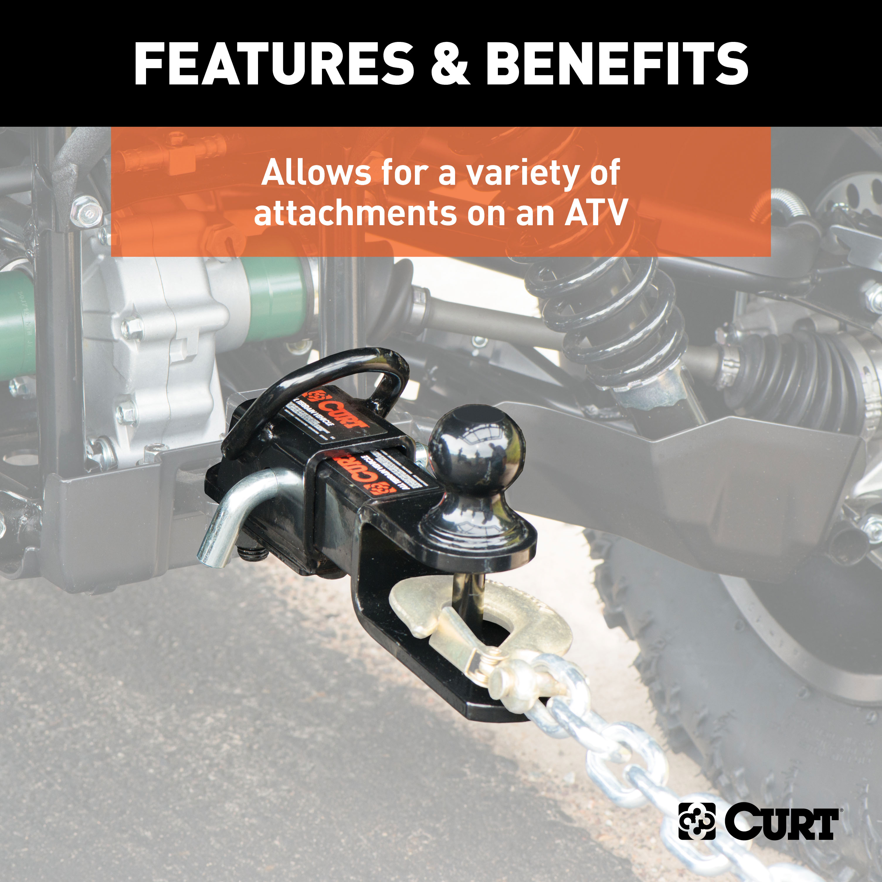 CURT 45038 3-in-1 UTV, ATV Trailer Hitch Mount with 2-Inch Receiver Adapter, 2-Inch Ball, Clevis Pin, 5/8-Inch Hole thumbnail 6