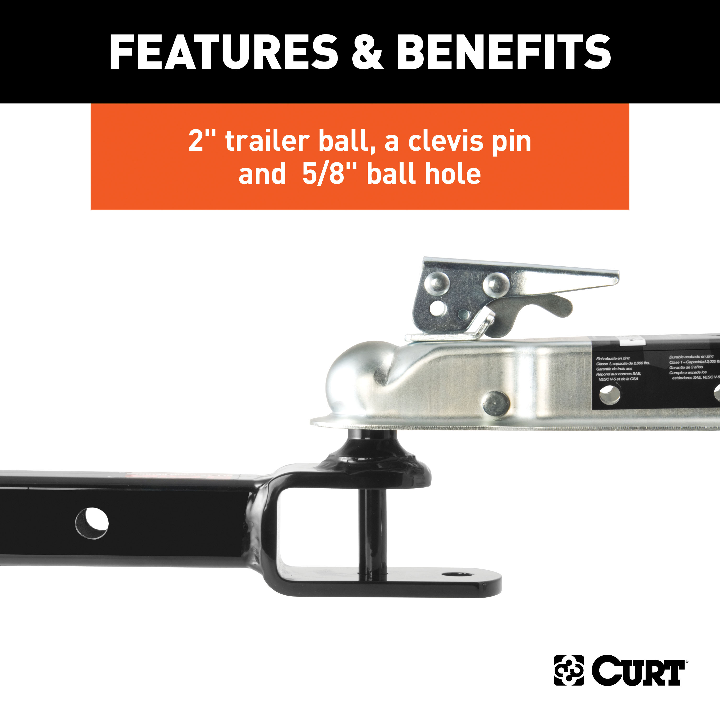 CURT 45038 3-in-1 UTV, ATV Trailer Hitch Mount with 2-Inch Receiver Adapter, 2-Inch Ball, Clevis Pin, 5/8-Inch Hole thumbnail 8