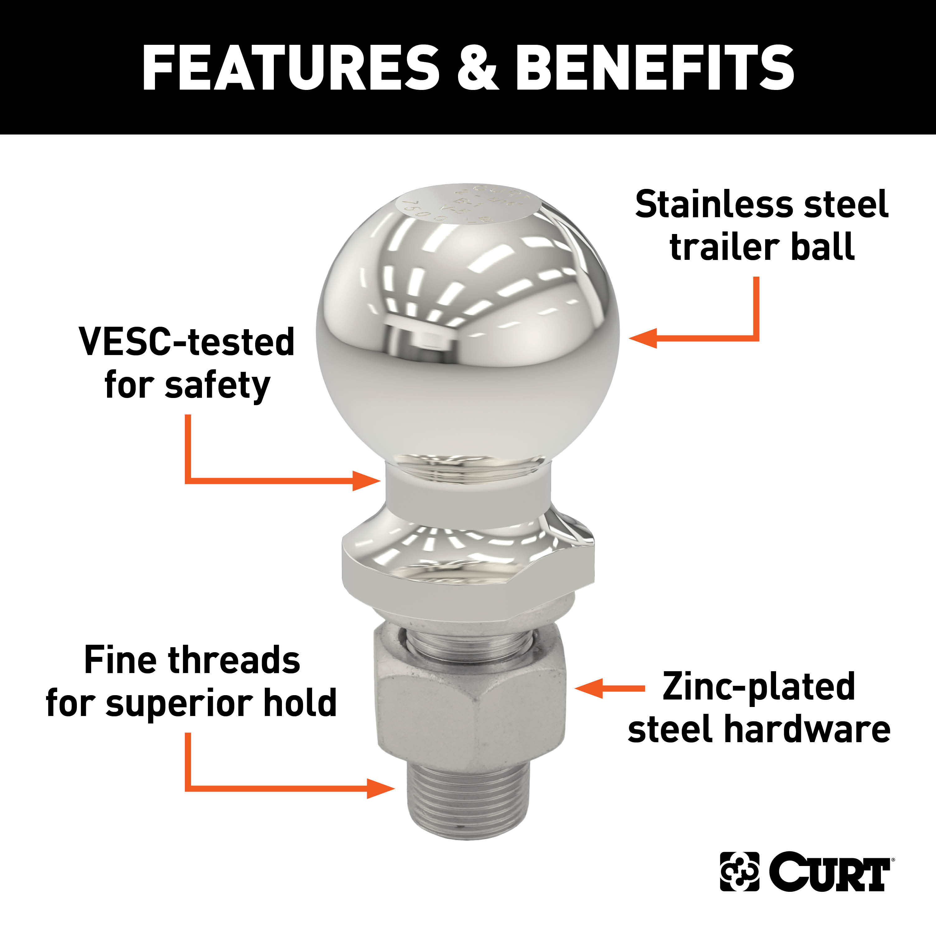 CURT 40082 Stainless Steel Trailer Hitch Ball, 3,500 lbs, 2-Inch Diameter, 3/4 x 2-1/8-Inch Shank thumbnail 1
