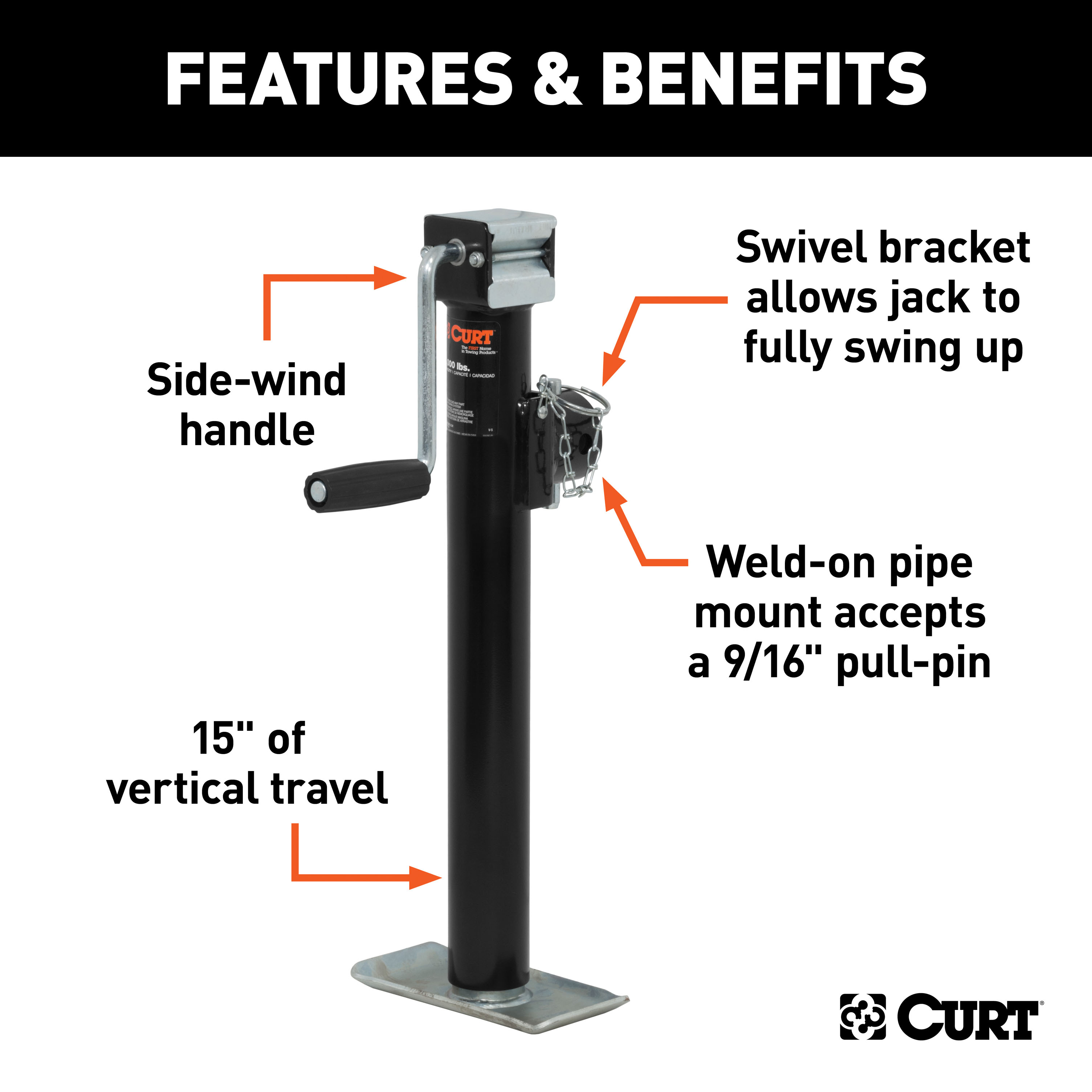 CURT 28324 Weld-On Pipe-Mount Swivel Trailer Jack, 3,000 lbs. Support Capacity, 15 Inches Vertical Travel thumbnail 1