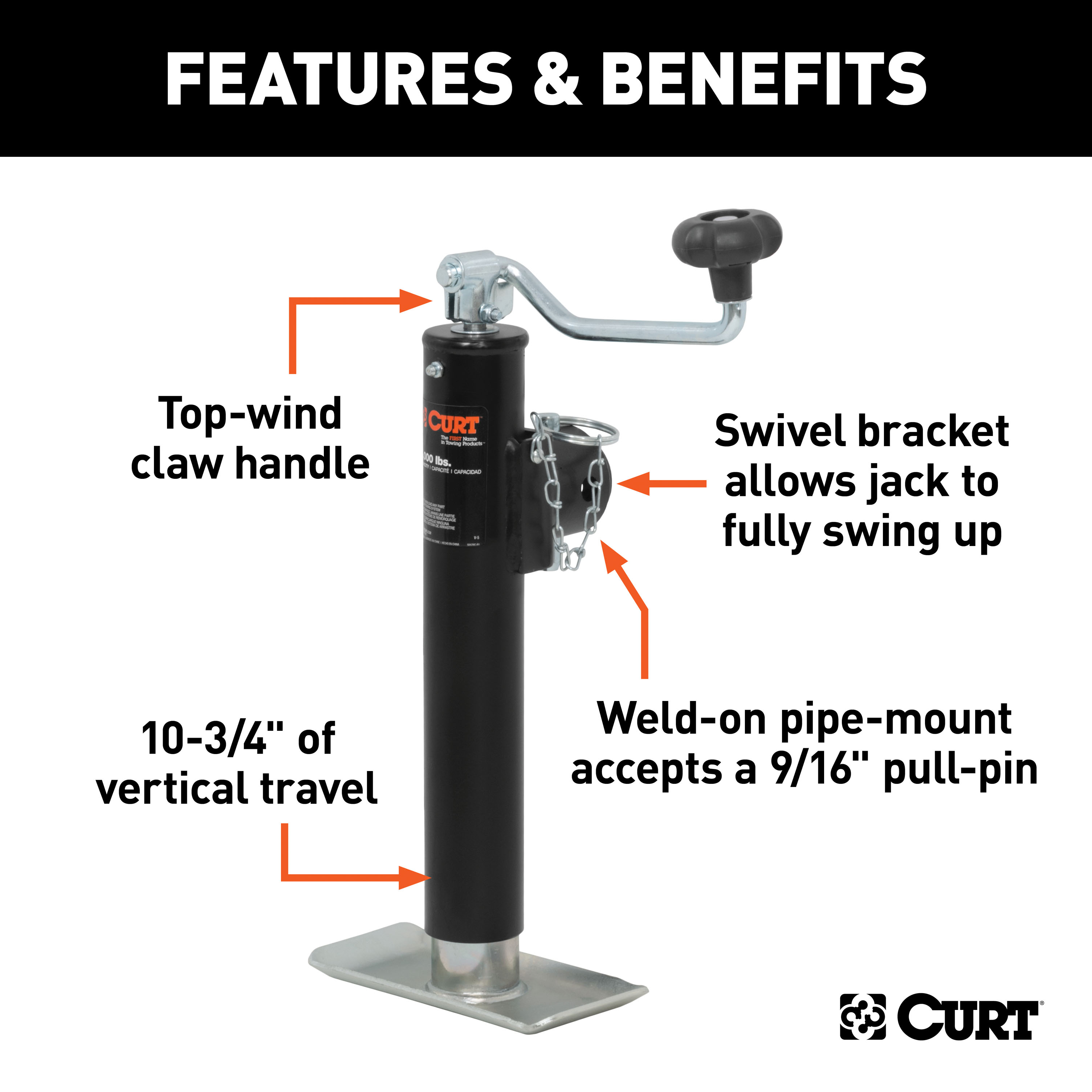 CURT 28320 Weld-On Pipe-Mount Swivel Trailer Jack, 3,000 lbs. Support Capacity, 10-3/4 Inches Vertical Travel thumbnail 1