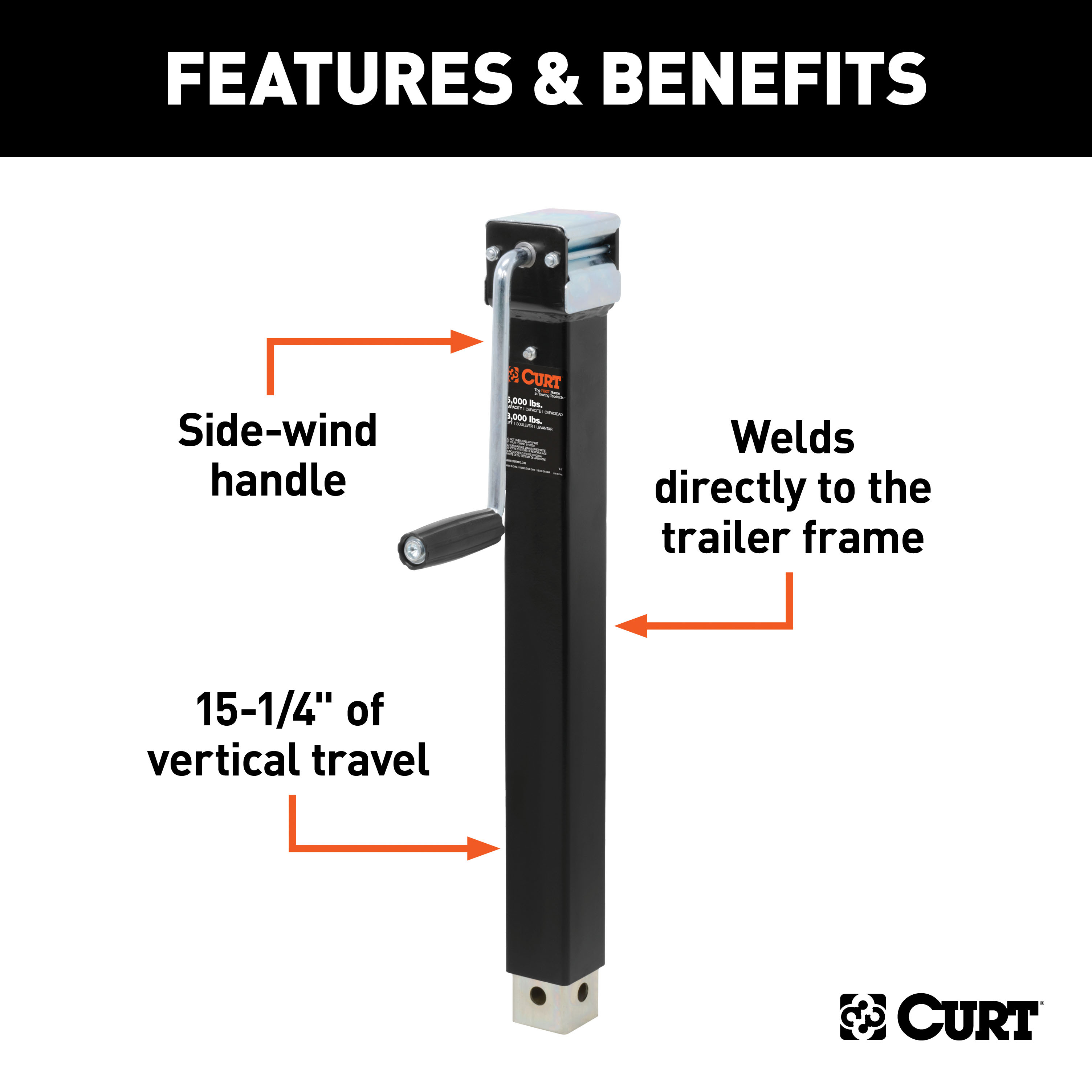 CURT 28359 Direct Weld On Heavy-Duty Trailer Jack, 5,000 lbs. Support Capacity, 15-1/4 Inches Vertical Travel thumbnail 1