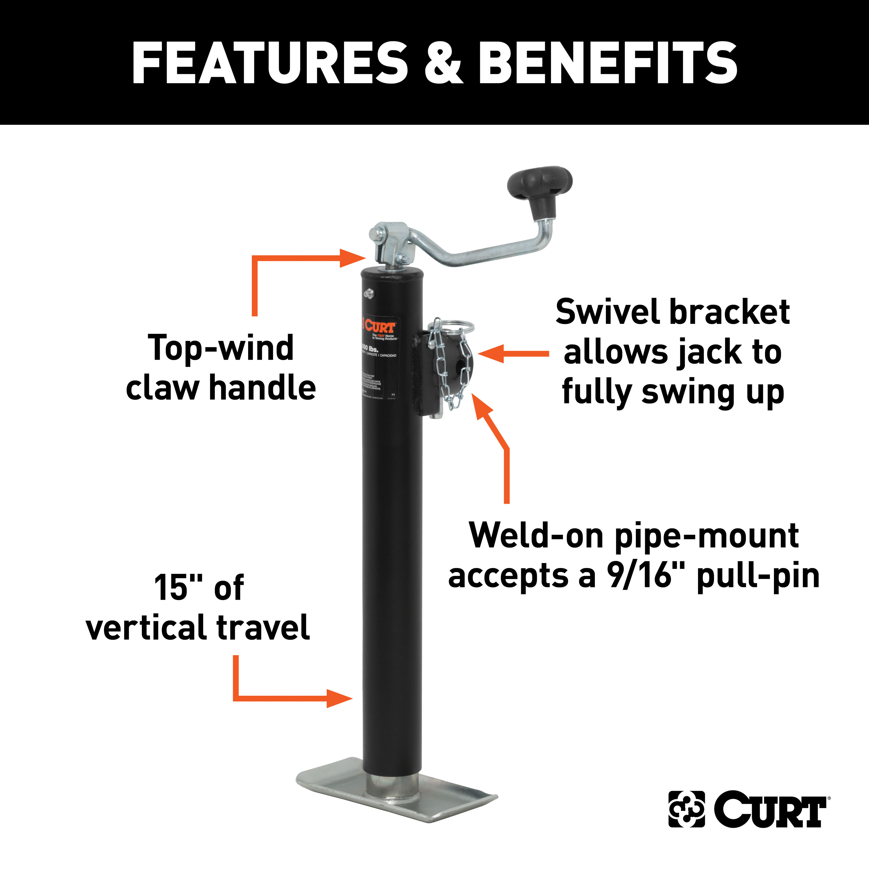 CURT 28322 Weld-On Pipe-Mount Swivel Trailer Jack, 3,000 lbs. Support Capacity, 15 Inches Vertical Travel thumbnail 1