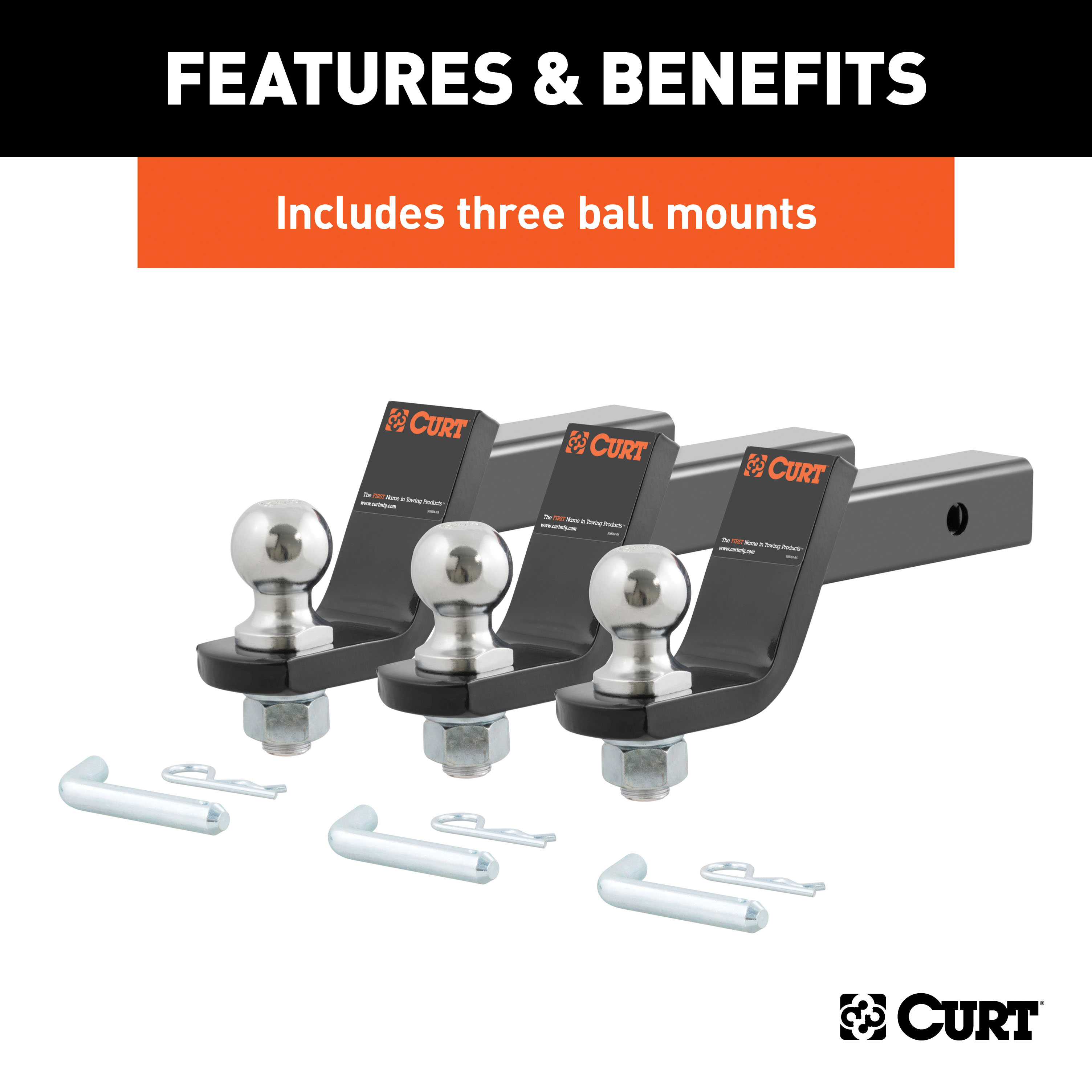 CURT 45057 Trailer Hitch Mounts with 2-Inch Ball & Pin, Fits 2-In Receiver, 7,500 lbss, 4-Inch Drop, 3-Pack thumbnail 4