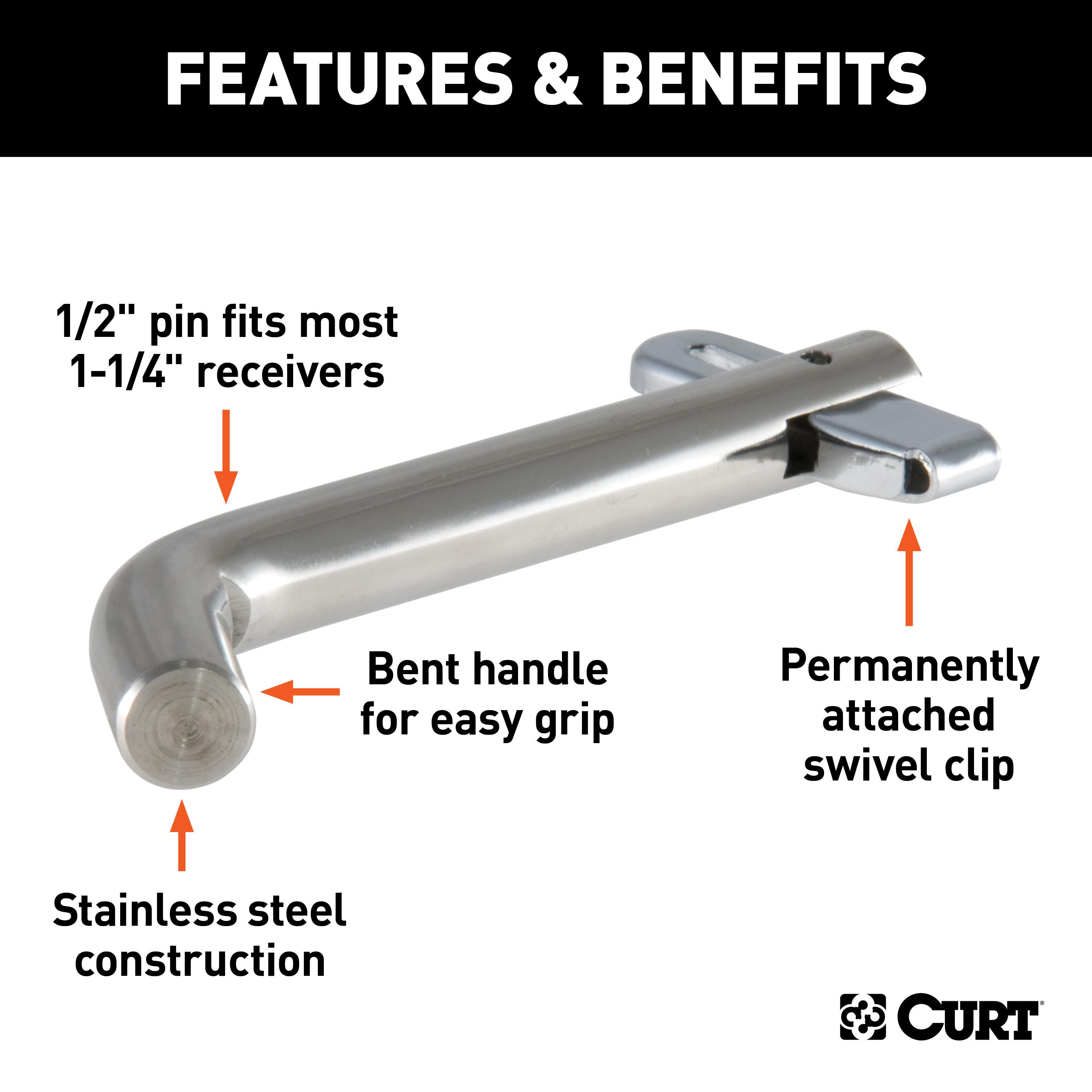 CURT 23581 Stainless Steel Swivel Trailer Hitch Pin, 1/2-Inch Diameter, Fits 1-1/4-Inch Receiver thumbnail 1