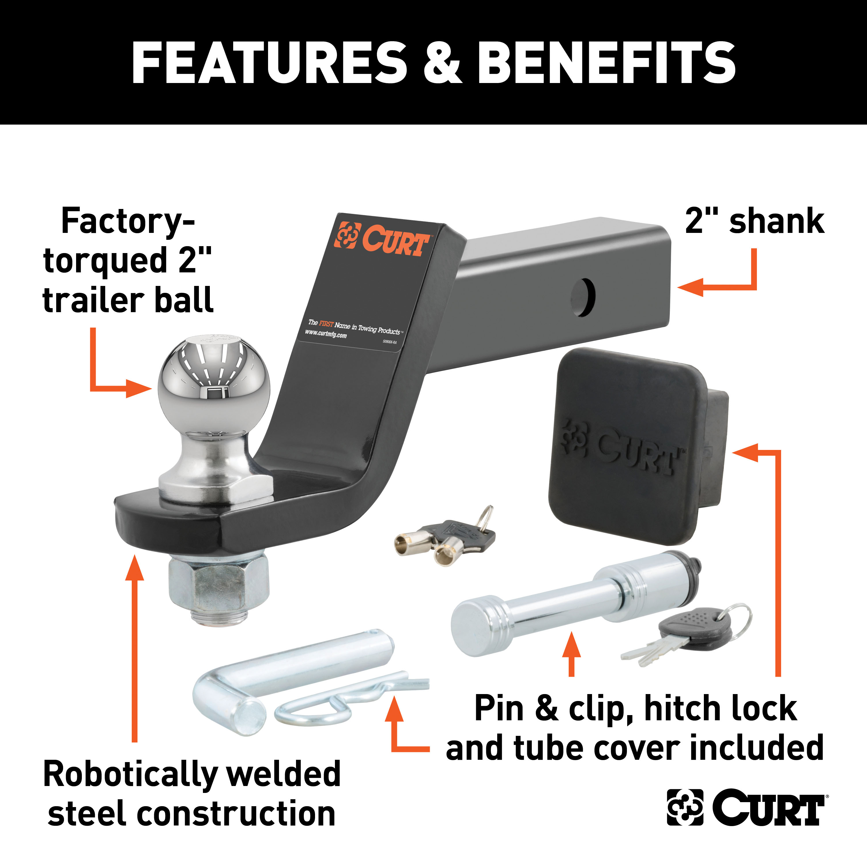 CURT 45554 Trailer Hitch Mount, 2-Inch Ball, Lock, Fits 2-In Receiver, 7,500 lbss, 4" Drop, Cap thumbnail 1