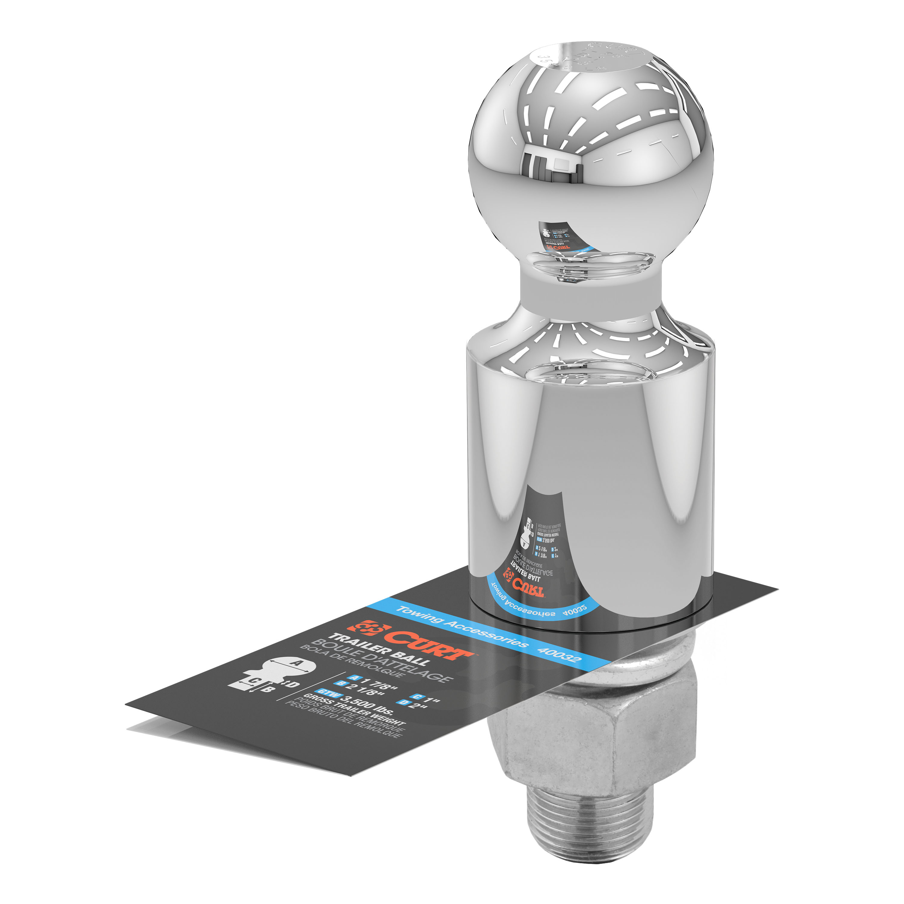 CURT 40032 Chrome Trailer Hitch Ball, 3,500 lbs, 2-Inch Rise, 1-7/8-Inch Diameter, 1 x 2-1/8-Inch Shank thumbnail 2