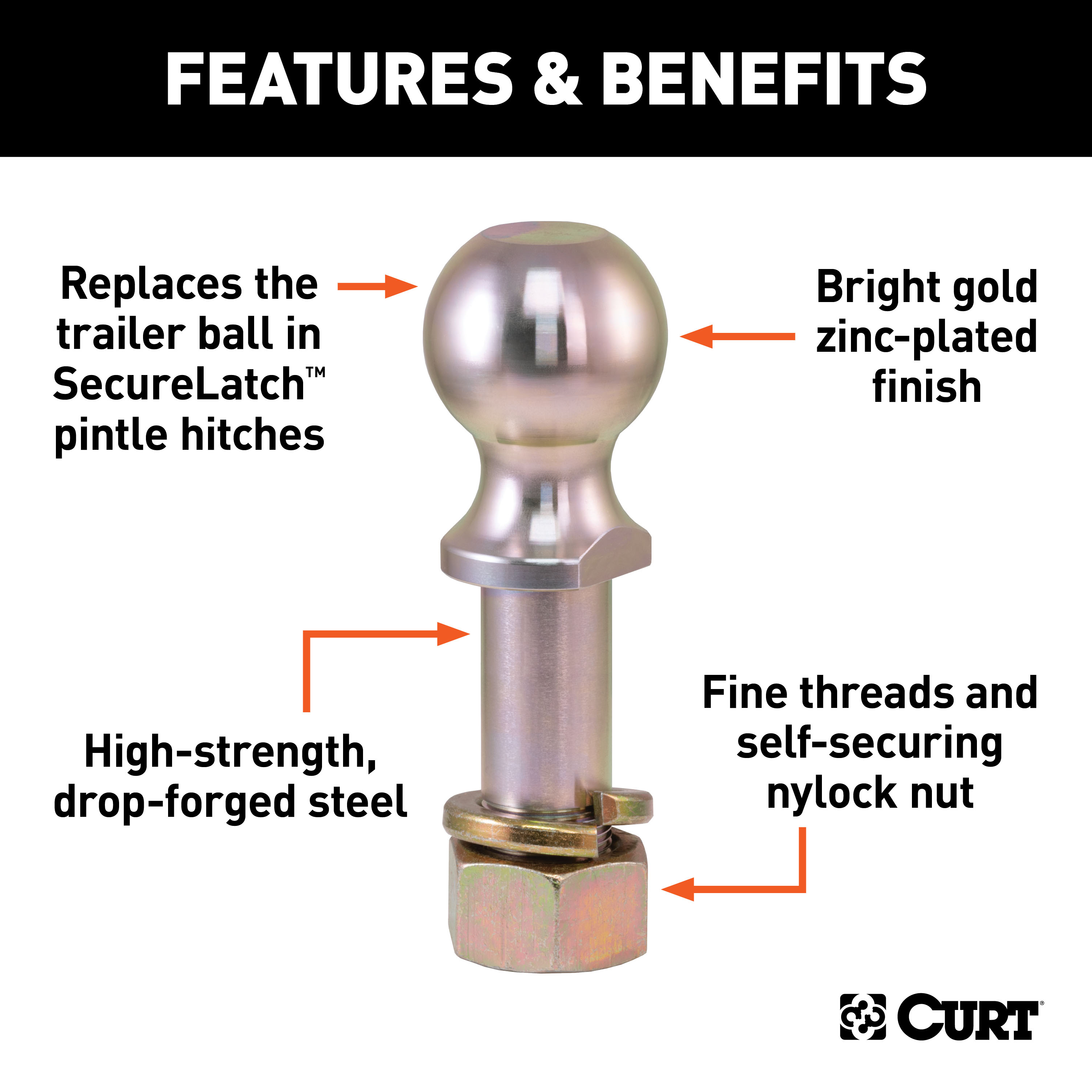 CURT 48430 Replacement SecureLatch 2-5/16-Inch Pintle Hitch Ball, 14,000, 1-1/4-Inch Shank Diameter thumbnail 1