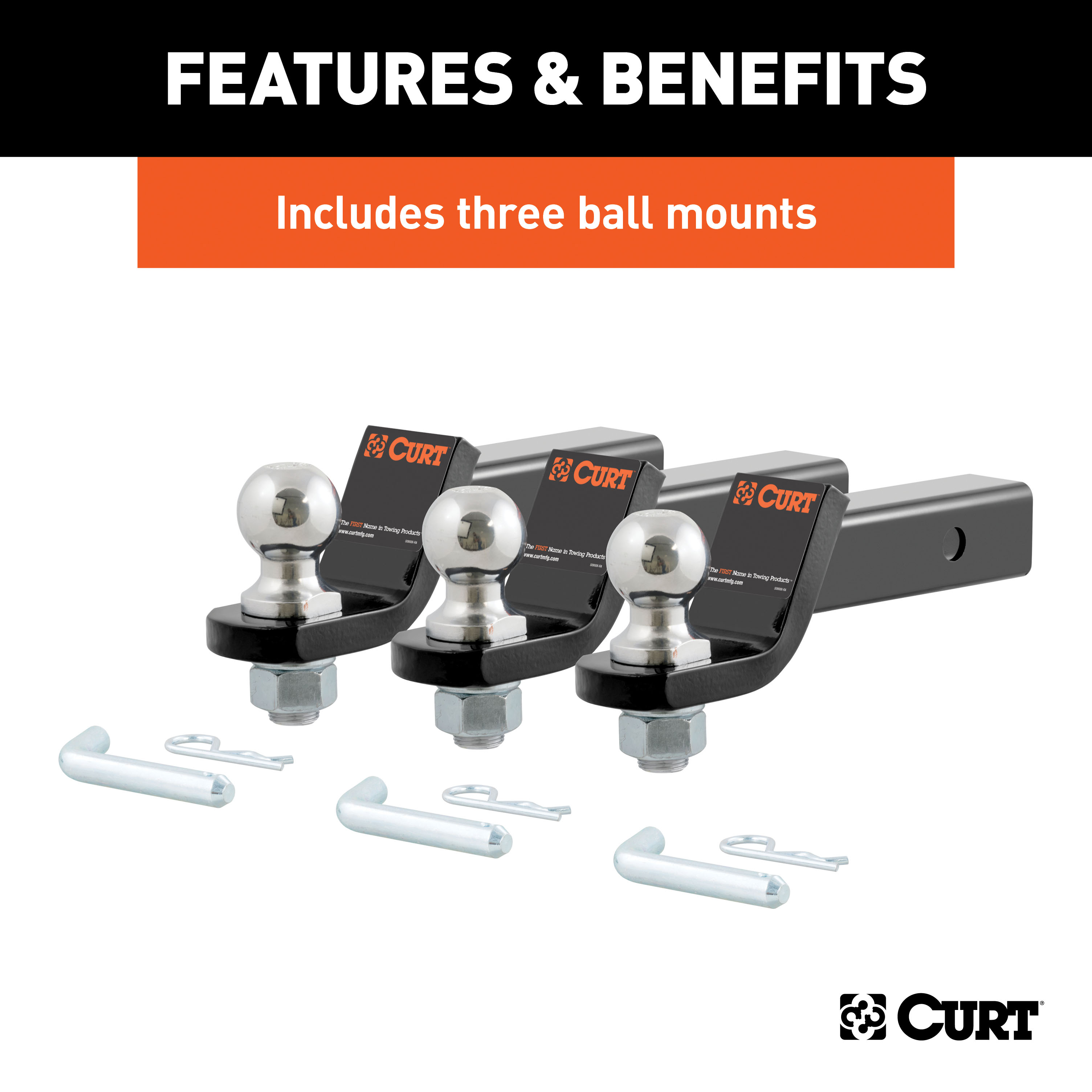 CURT 45037 Trailer Hitch Mounts with 2-Inch Ball & Pin, Fits 2-In Receiver, 7,500 lbss, 2" Drop, 3-Pack thumbnail 4