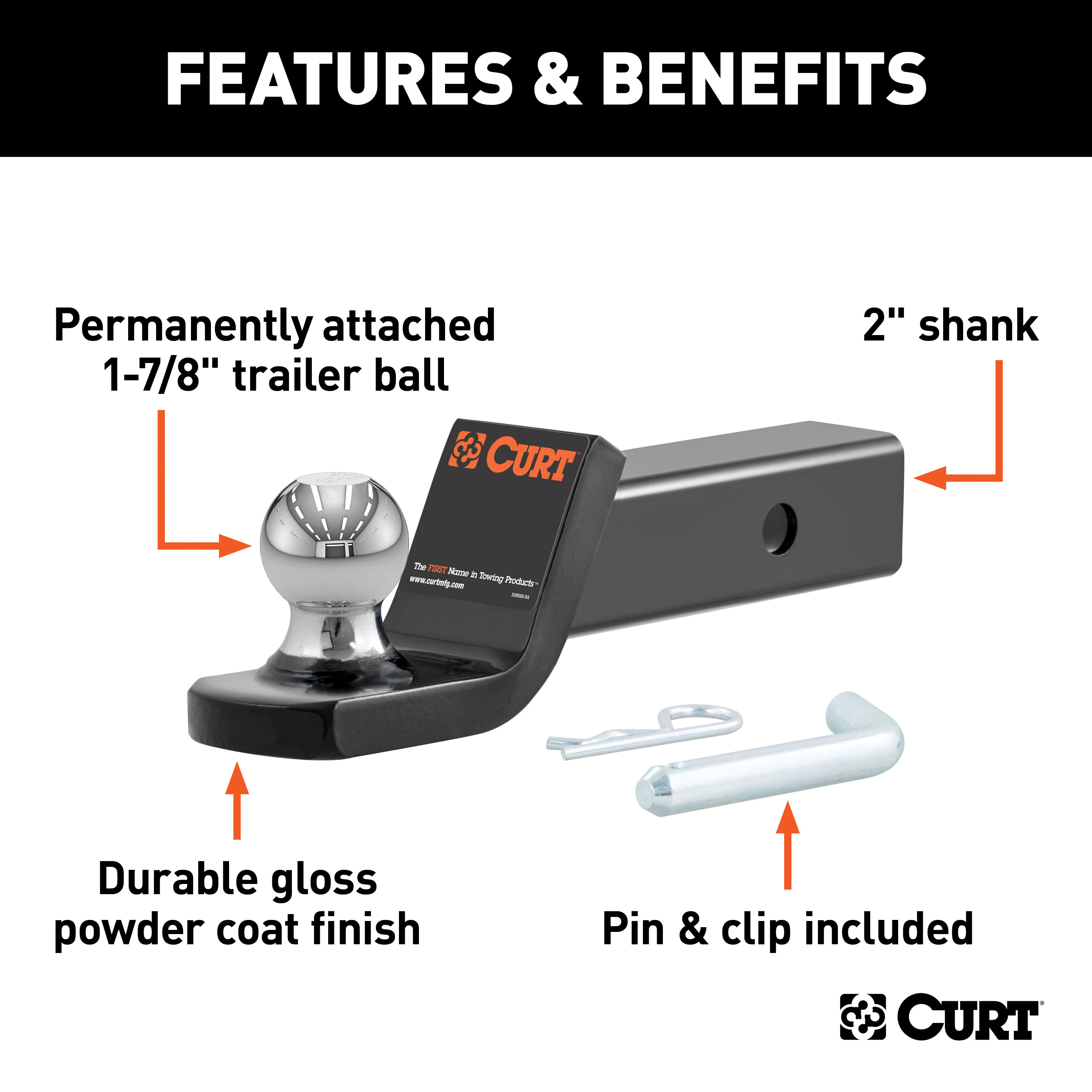 CURT 45131 Fusion Trailer Hitch Mount with 1-7/8-Inch Ball & Pin, Fits 2-Inch Receiver, 5,000 lbss, 2-In Drop thumbnail 1