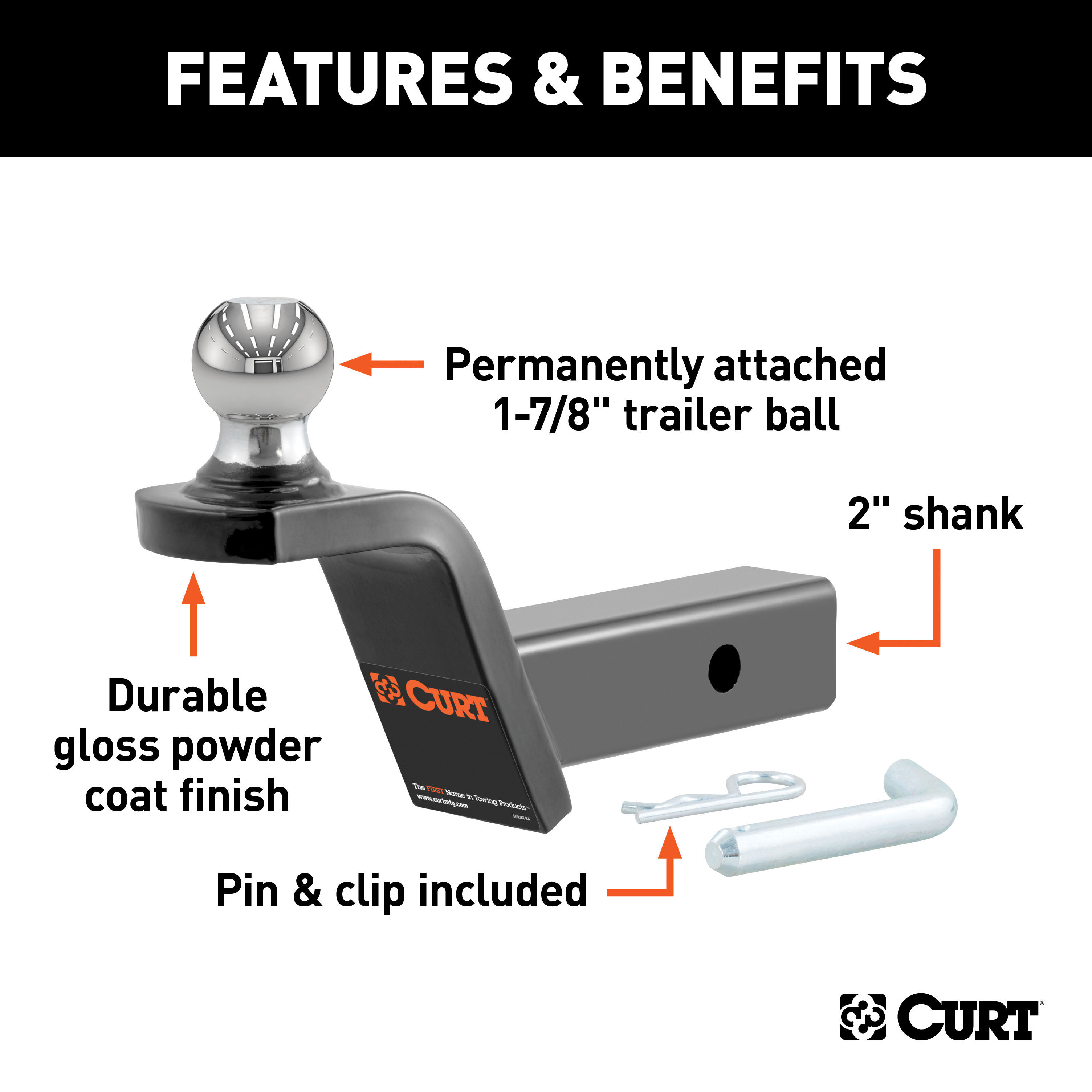 CURT 45152 Fusion Trailer Hitch Mount with 1-7/8-Inch Ball & Pin, Fits 2-Inch Receiver, 5,000 lbss, 2-In Rise thumbnail 1
