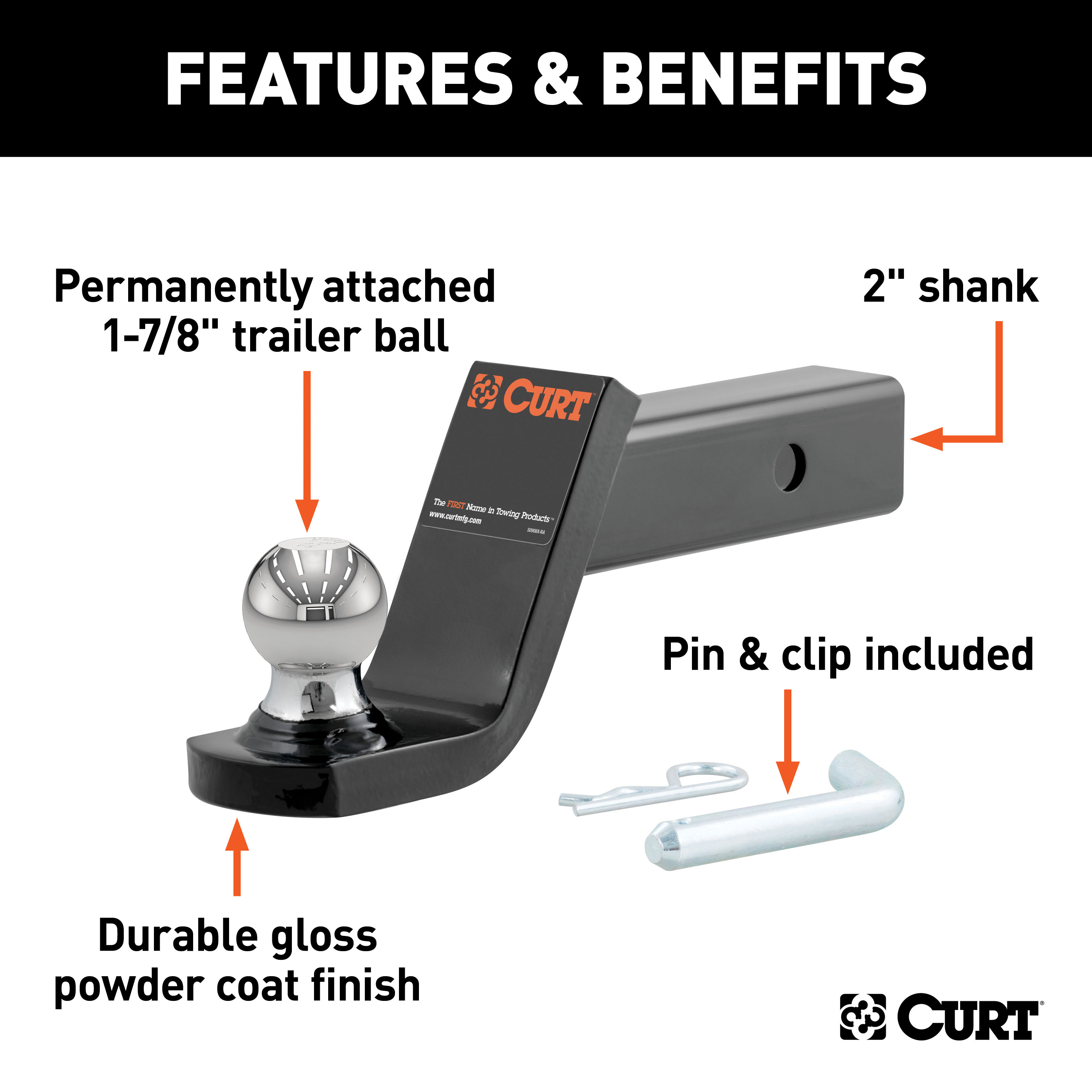 CURT 45151 Fusion Trailer Hitch Mount with 1-7/8-Inch Ball & Pin, Fits 2-Inch Receiver, 5,000 lbss, 4-Inch Drop thumbnail 1