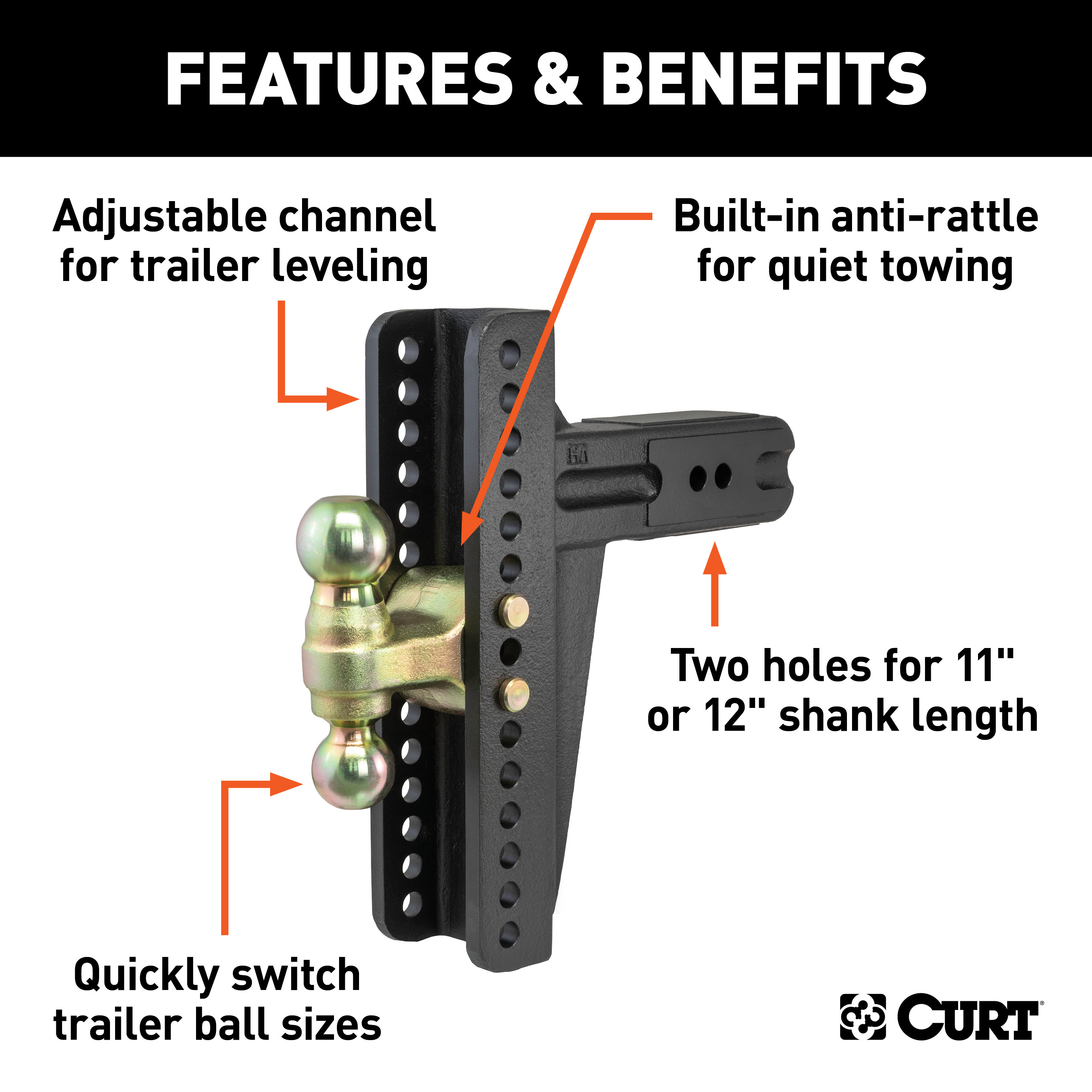 CURT 45928 Adjustable Trailer Hitch Ball Mount, 3-Inch Receiver, 10-5/8-Inch Drop, 2 and 2-5/16-Inch Balls, 21,000 lbss thumbnail 1