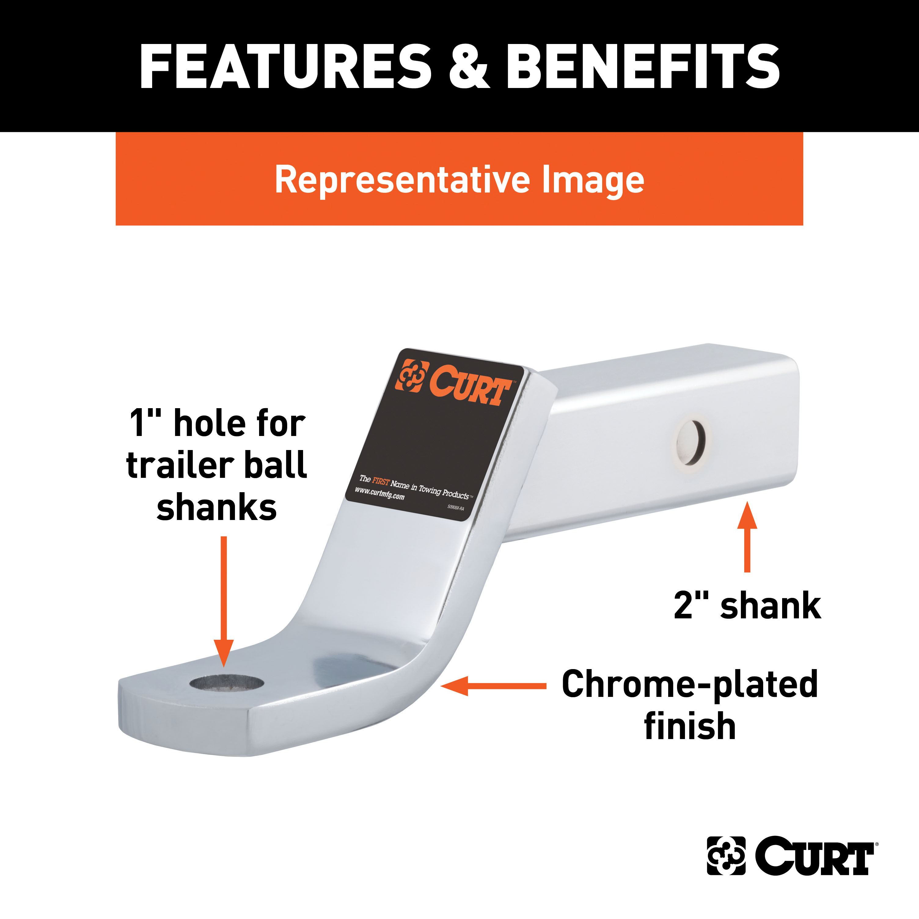 CURT 45296 Chrome Class 3 Trailer Hitch Ball Mount, Fits 2-Inch Receiver, 7,500 lbss, 1-Inch Hole, 4-Inch Drop, 2-In Rise thumbnail 3