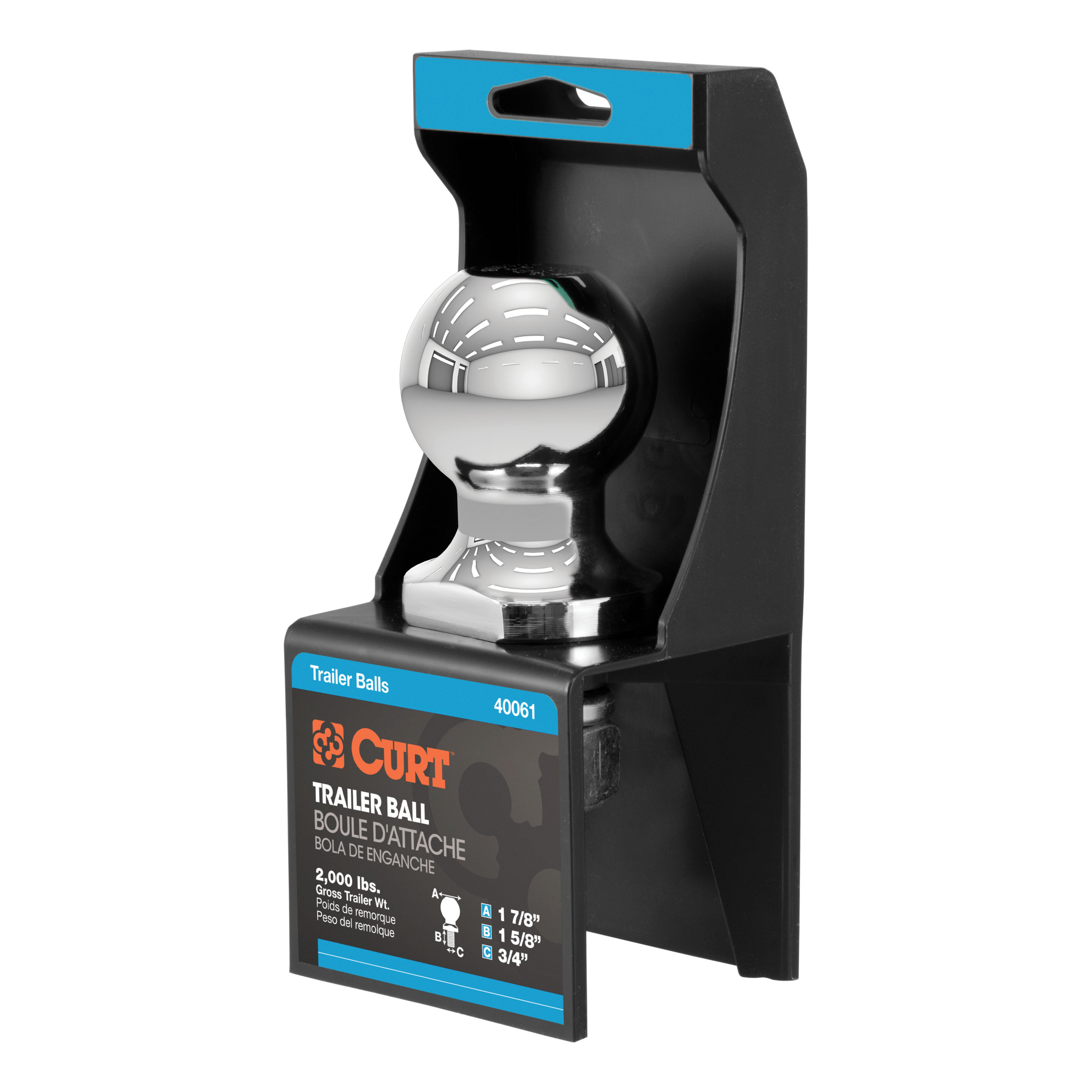 CURT 40061 Chrome Trailer Hitch Ball, 2,000 lbs, 1-7/8-Inch Diameter, 3/4 x 1-5/8-Inch Shank thumbnail 0
