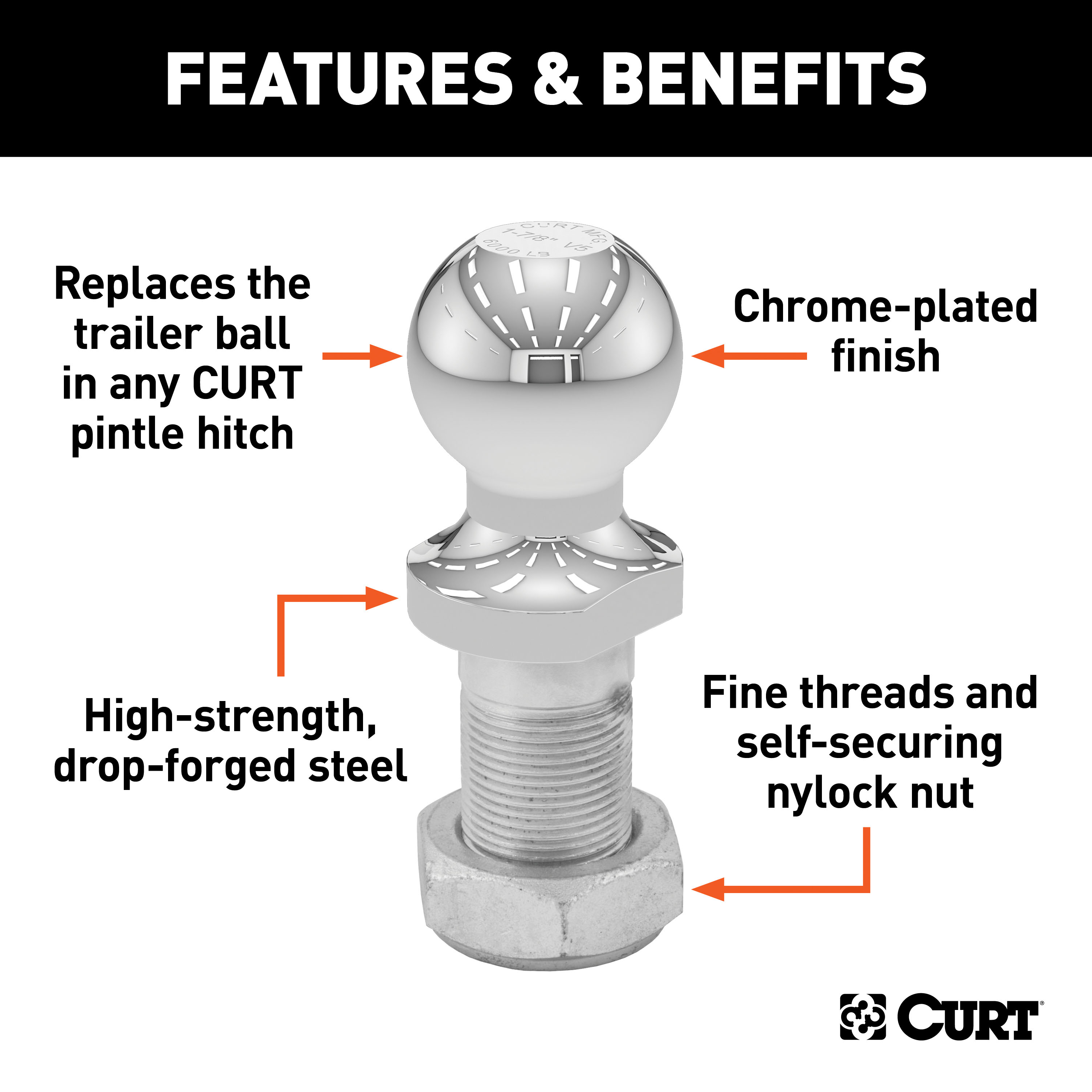 CURT 48810 Replacement 1-7/8-Inch Pintle Hitch Ball, 6,000 lbs, 1-1/4-Inch Shank Diameter thumbnail 1