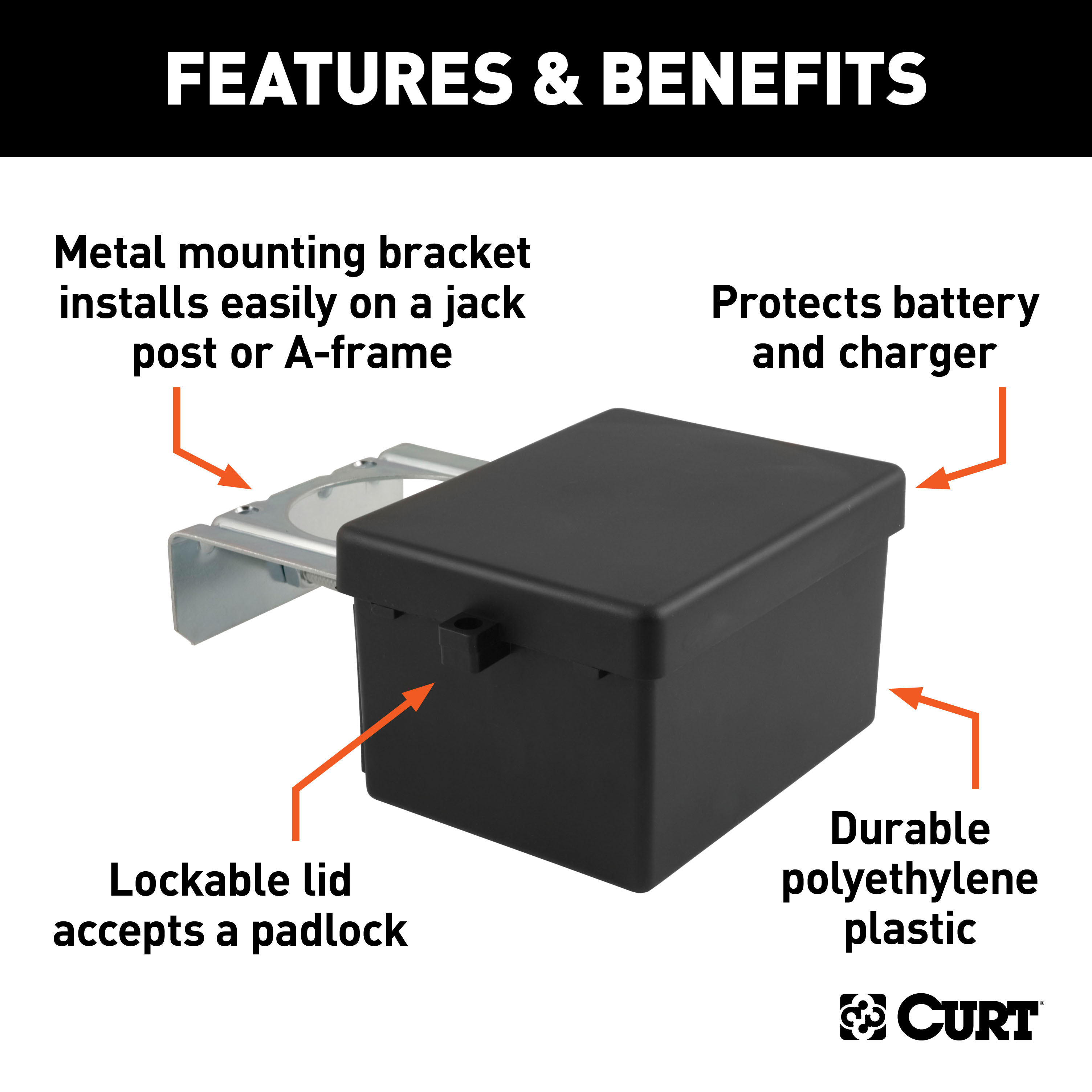 CURT 52029 5-Inch x 3-1/4-Inch x 3-7/8-Inch Lockable Breakaway Battery Case with Metal Bracket thumbnail 1