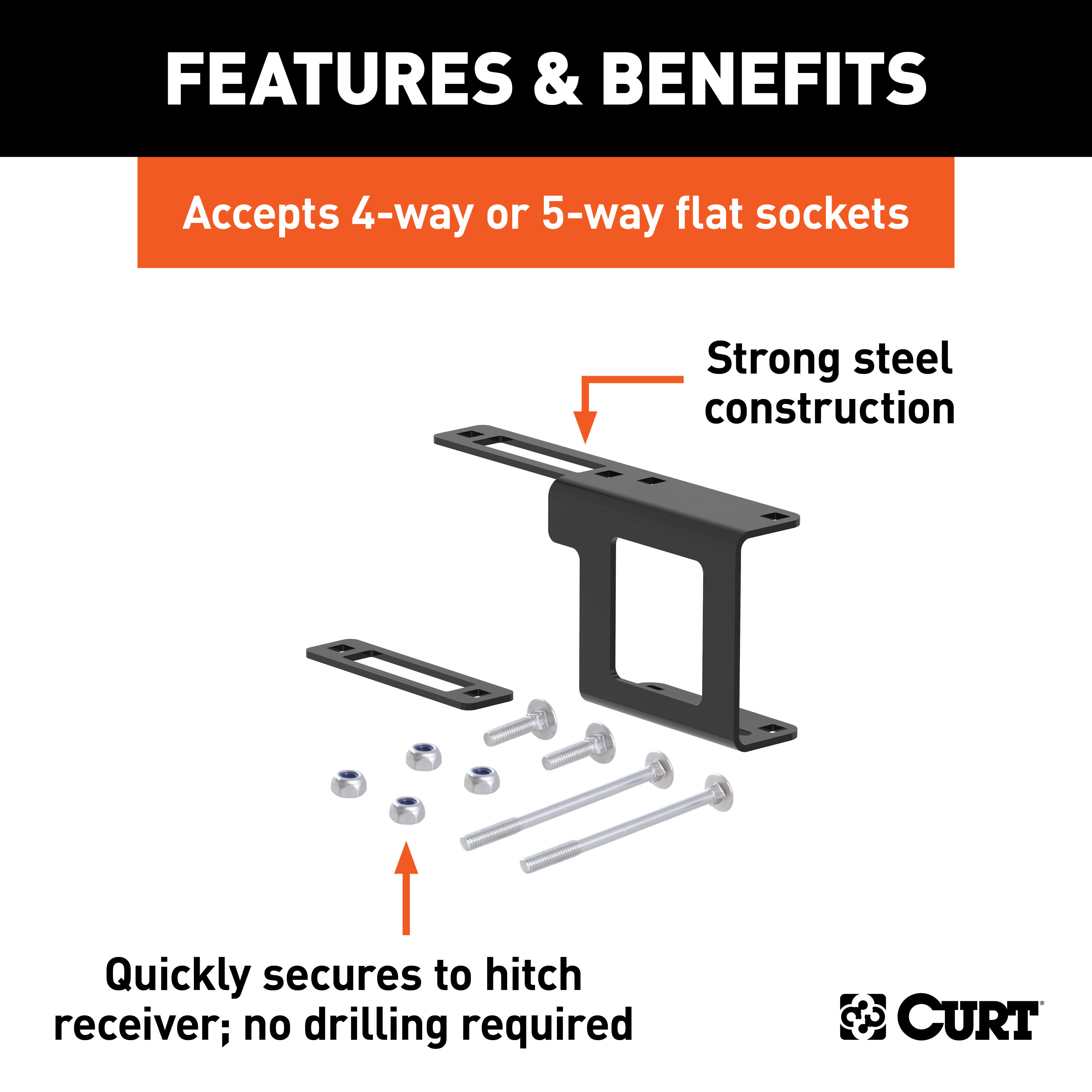 CURT 58002010 Easy-Mount Vehicle Trailer Wiring Connector Mounting Bracket for 1-1/4-Inch Receiver, 4 or 5-Way Flat, 10-Pack thumbnail 1