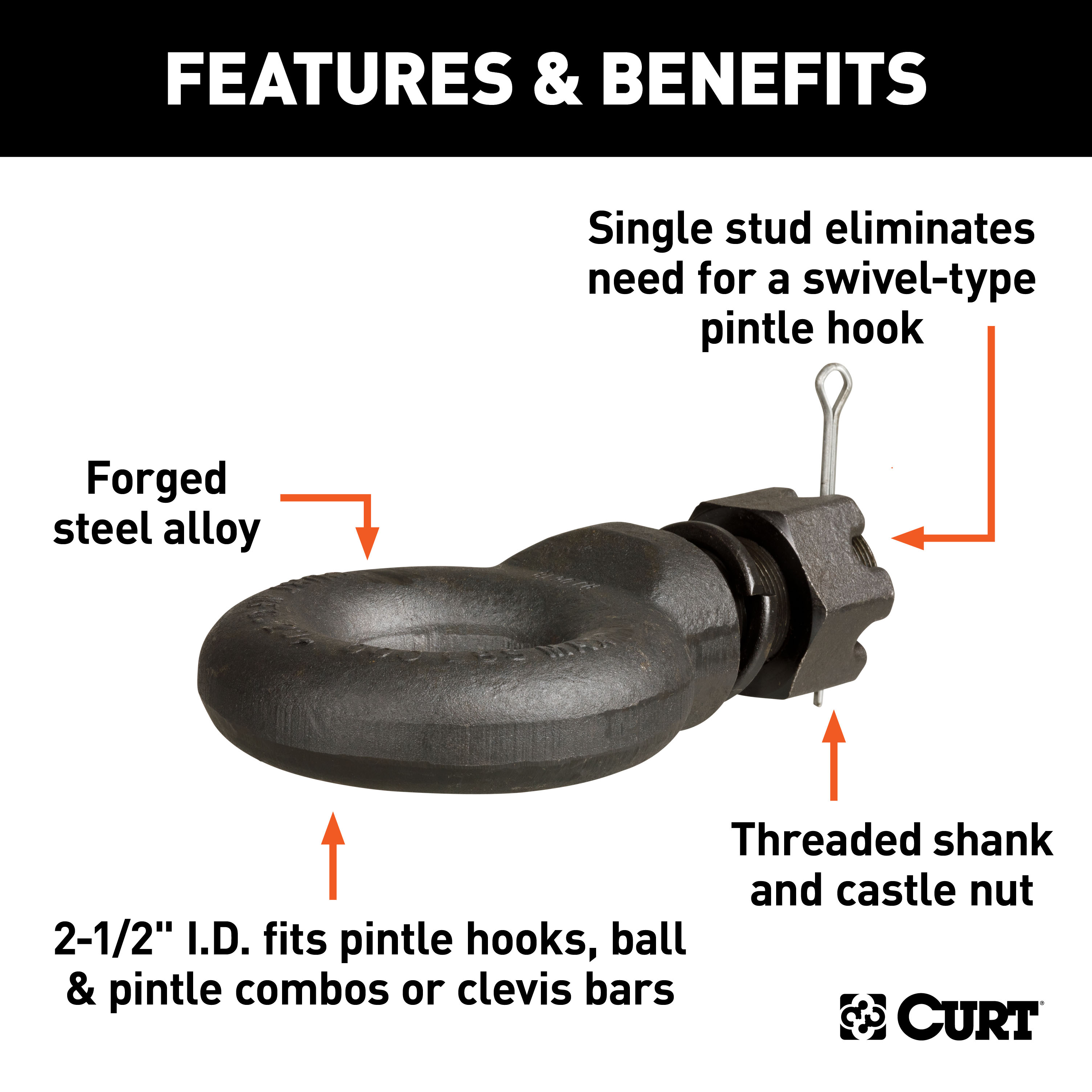 CURT 48520 Black Steel Pintle Hitch Lunette Ring with Swivel Castle Nut, 2-1/2-Inch ID, 20,000 lbs thumbnail 3