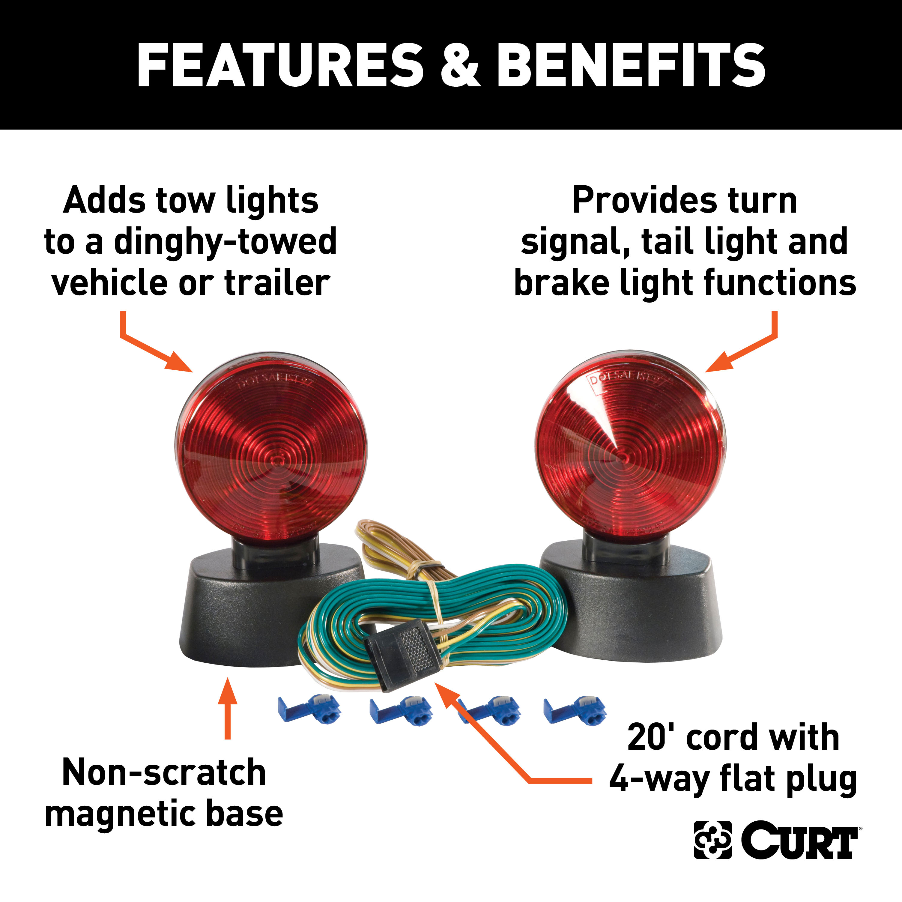 CURT 53204 Magnetic Trailer Lights for Dinghy Towing, 4-Pin Flat Plug, Stop Tail Turn, Storage Case thumbnail 1