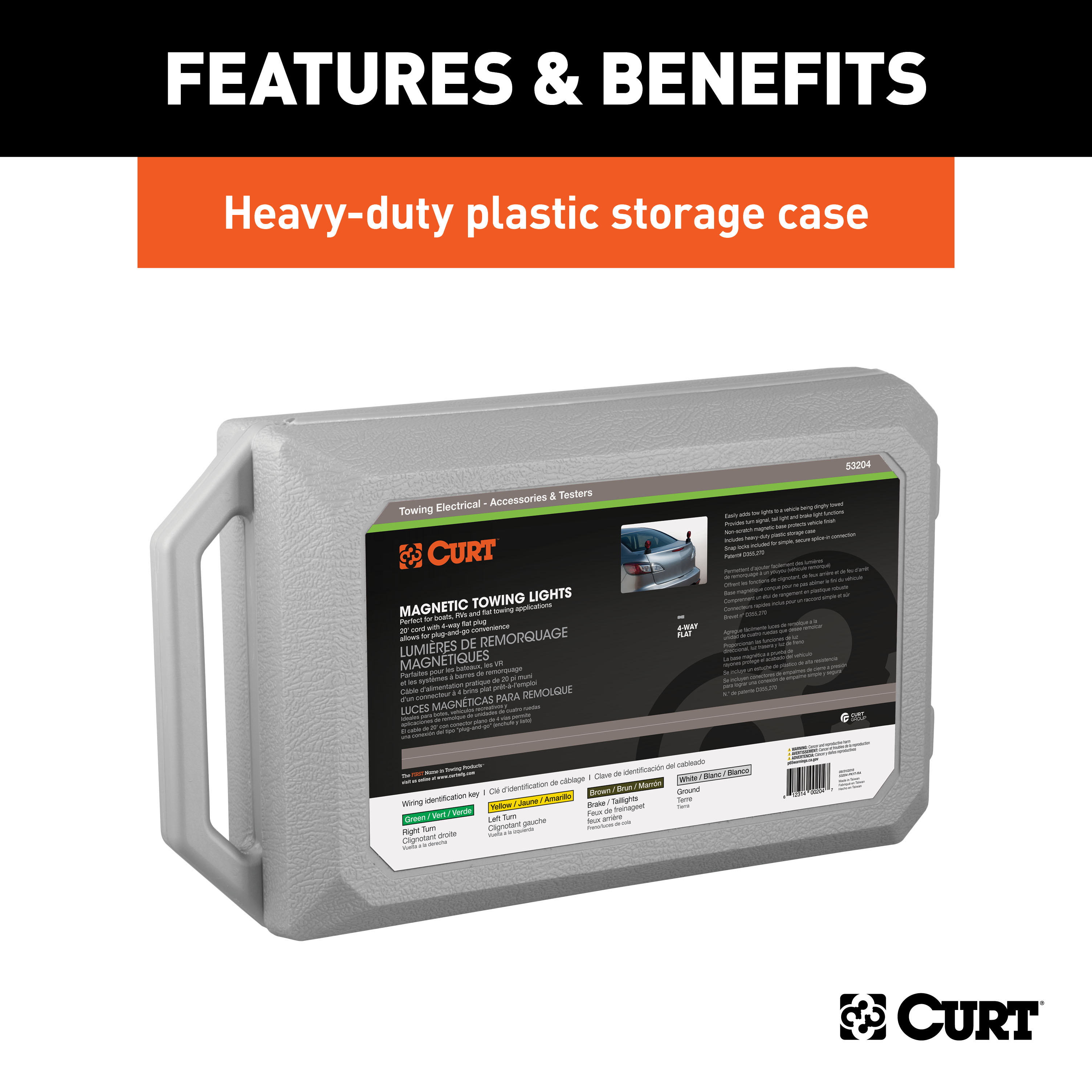 CURT 53204 Magnetic Trailer Lights for Dinghy Towing, 4-Pin Flat Plug, Stop Tail Turn, Storage Case thumbnail 3