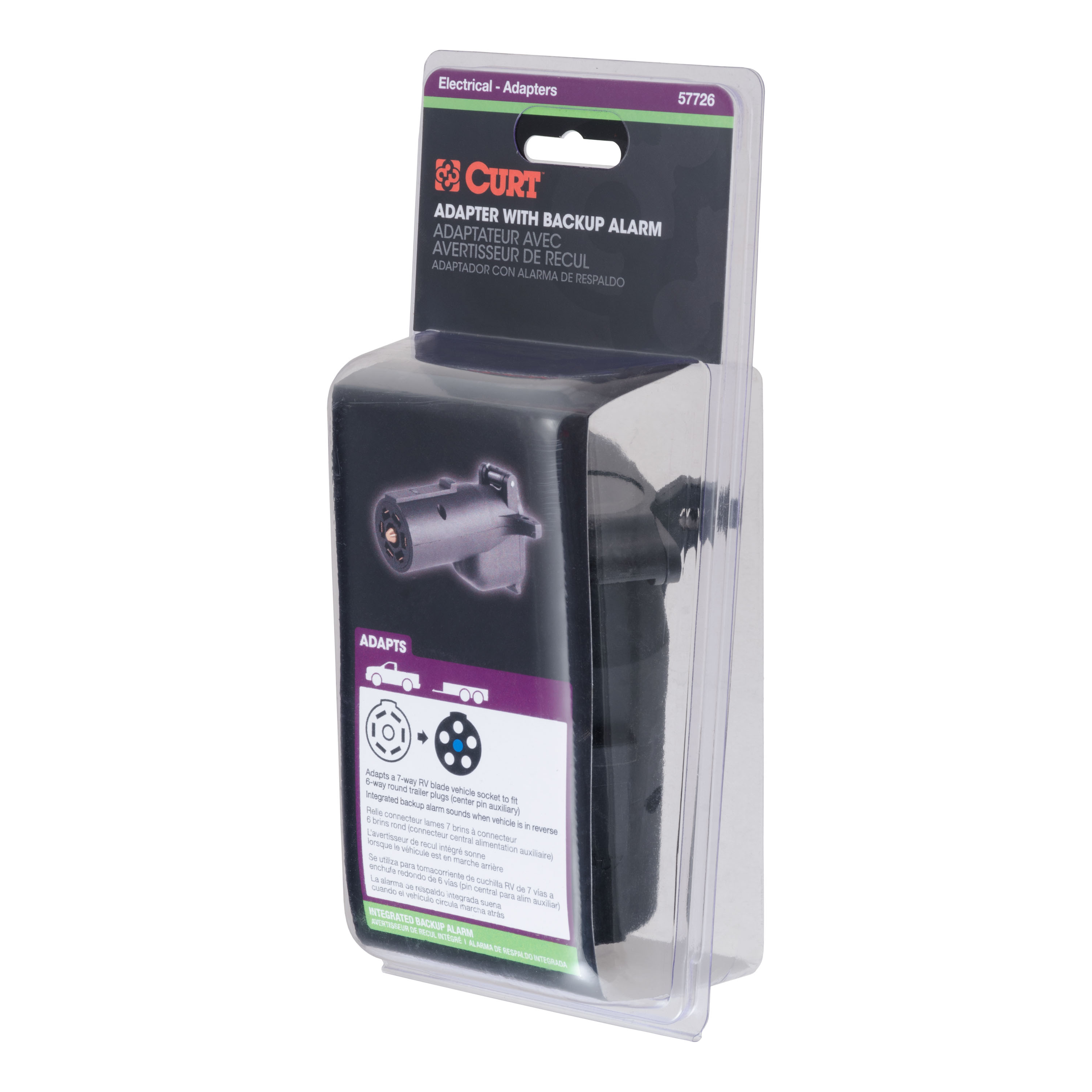 CURT 57726 7-Way RV Blade Vehicle-Side to 6-Way Round Trailer Wiring Adapter with Backup Alarm, Center Pin Auxiliary Power thumbnail 5