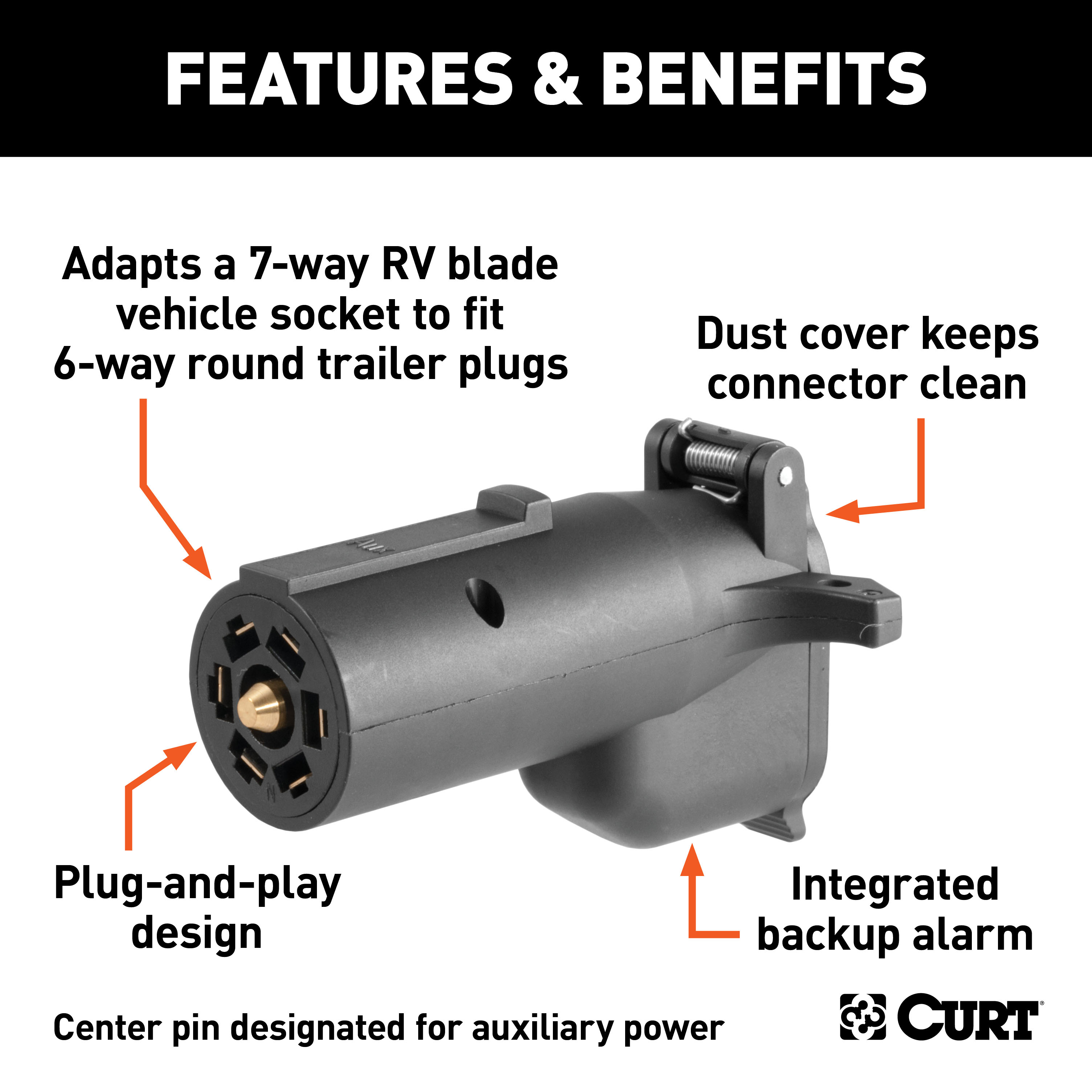 CURT 57726 7-Way RV Blade Vehicle-Side to 6-Way Round Trailer Wiring Adapter with Backup Alarm, Center Pin Auxiliary Power thumbnail 1