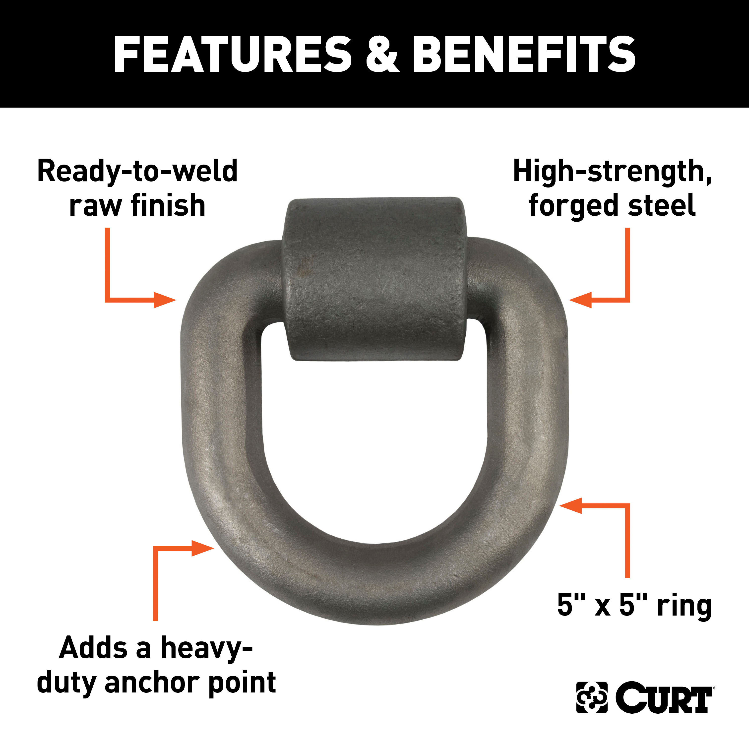 CURT 83770 5 x 5-Inch Weld-On Trailer D-Ring Tie Down Anchor, 46,760 lbs Break Strength thumbnail 1