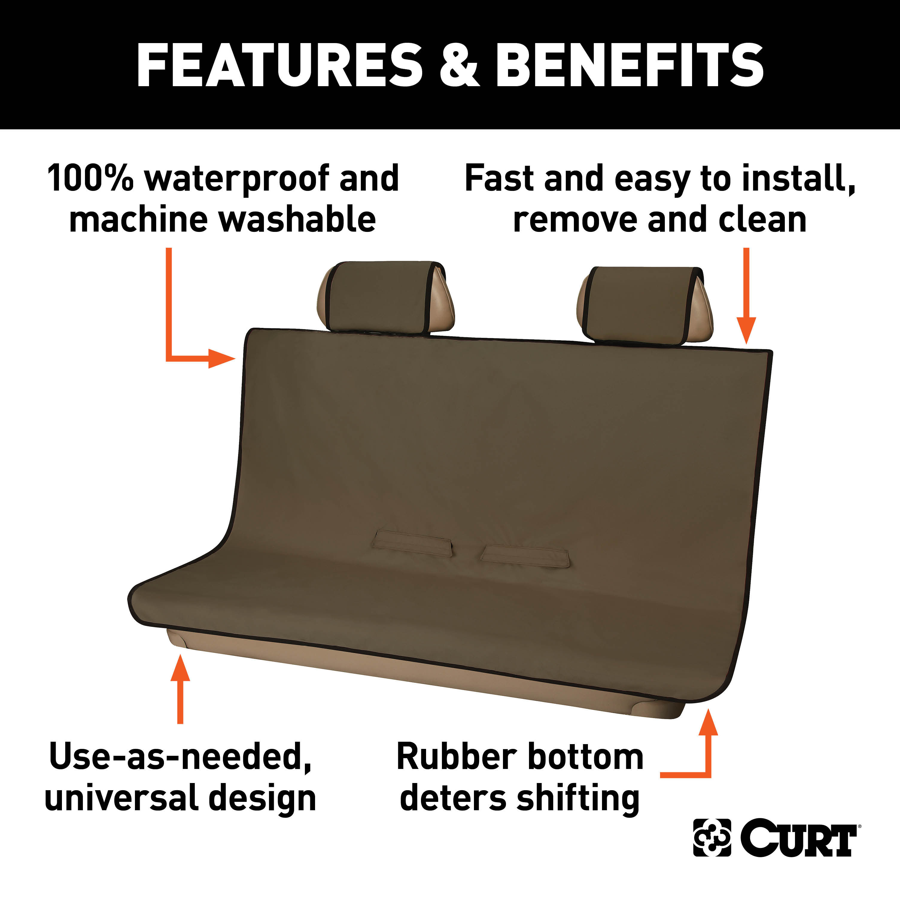 CURT 18512 Seat Defender 58-Inch x 55-Inch Brown Waterproof Universal Bench Car Seat Cover Protector thumbnail 1